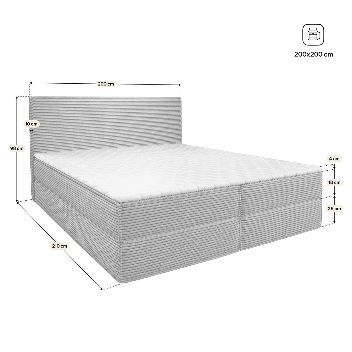 AMERICKÁ POSTEL PELLIO, 200x200 cm s matrací a úložným prostorem, H2+H3, světle šedá - světle šedá, dřevo (200/200cm) - MASSENO