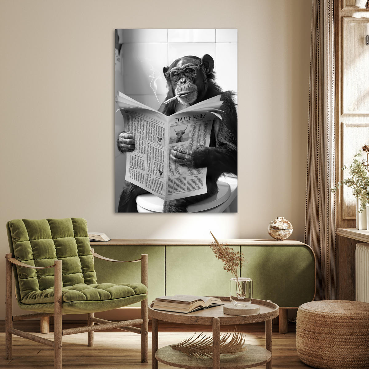 POSTER Affe - WC - Zeitung - Schwarz-Weiß - Humor 80x120 cm - Hellgrau, Papier (80/120/0.1cm) - MuchoWow