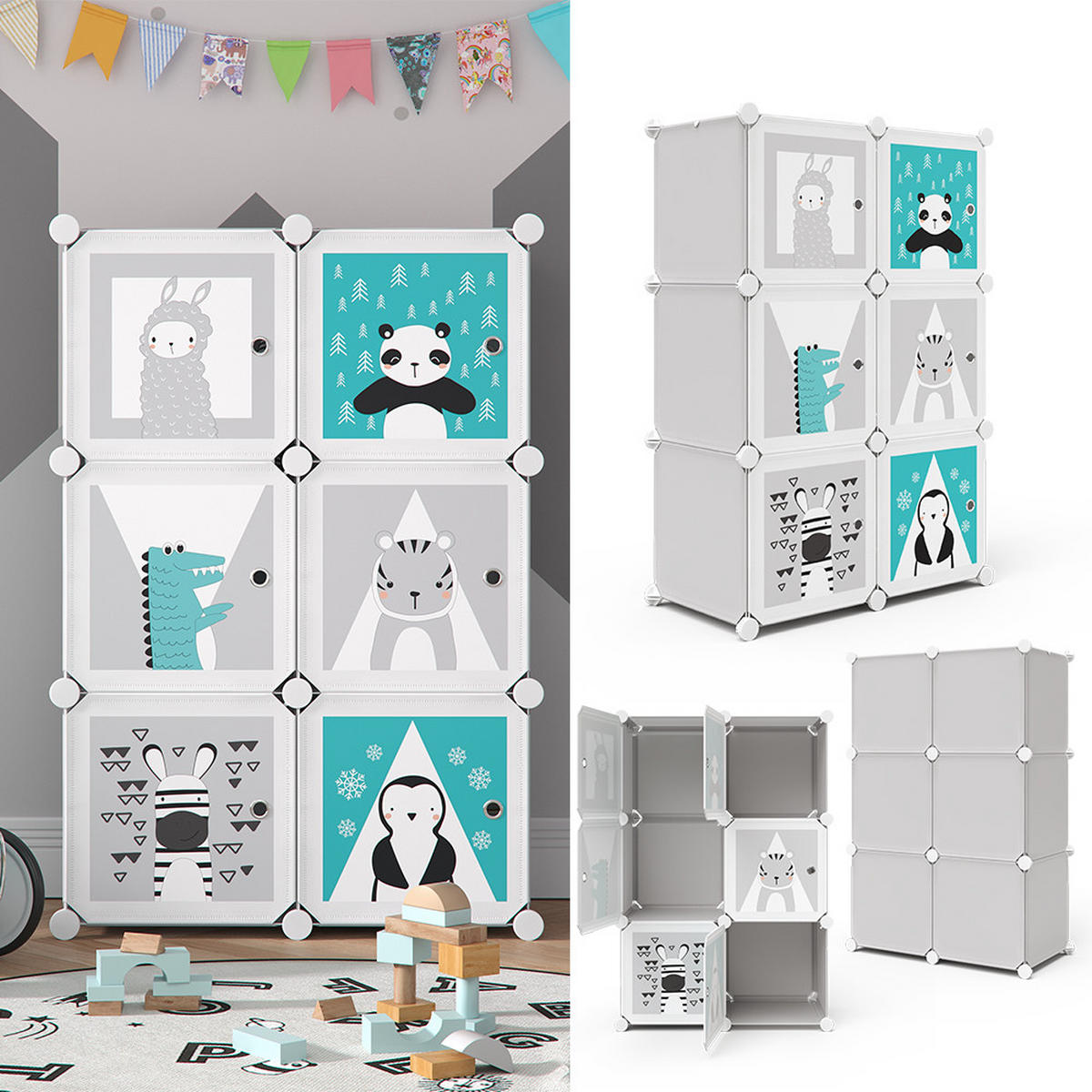 KINDERREGAL Andy Grau 74.5 x 110 cm 6 Fächer (Panda) - Grau, Textil (74.5/110/36.5cm) - Vicco