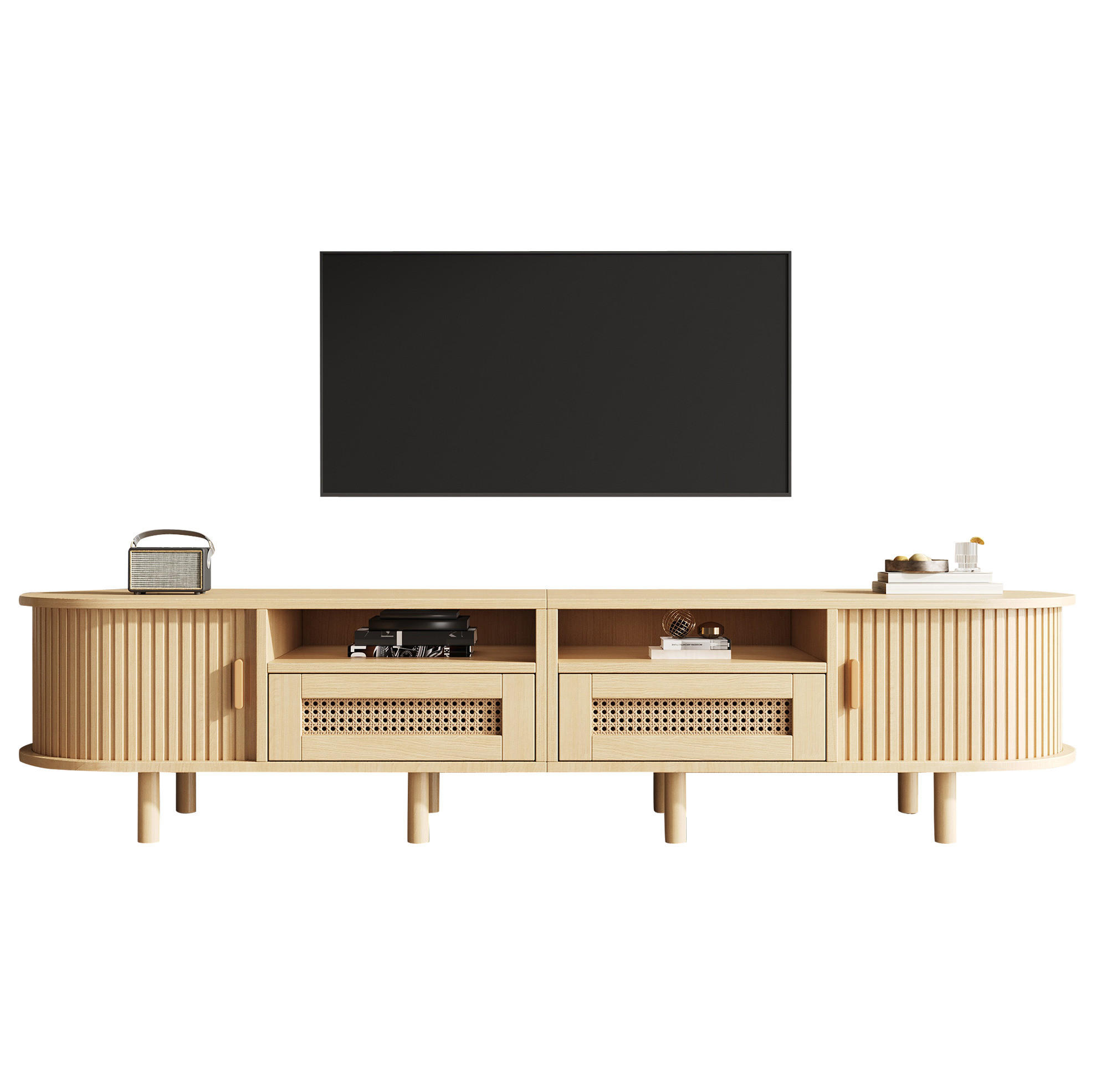 OKWISH TV stolek 170/40/40 cm světle dubový z MDF s ratanovými zásuvkami a posuvnými dvířky