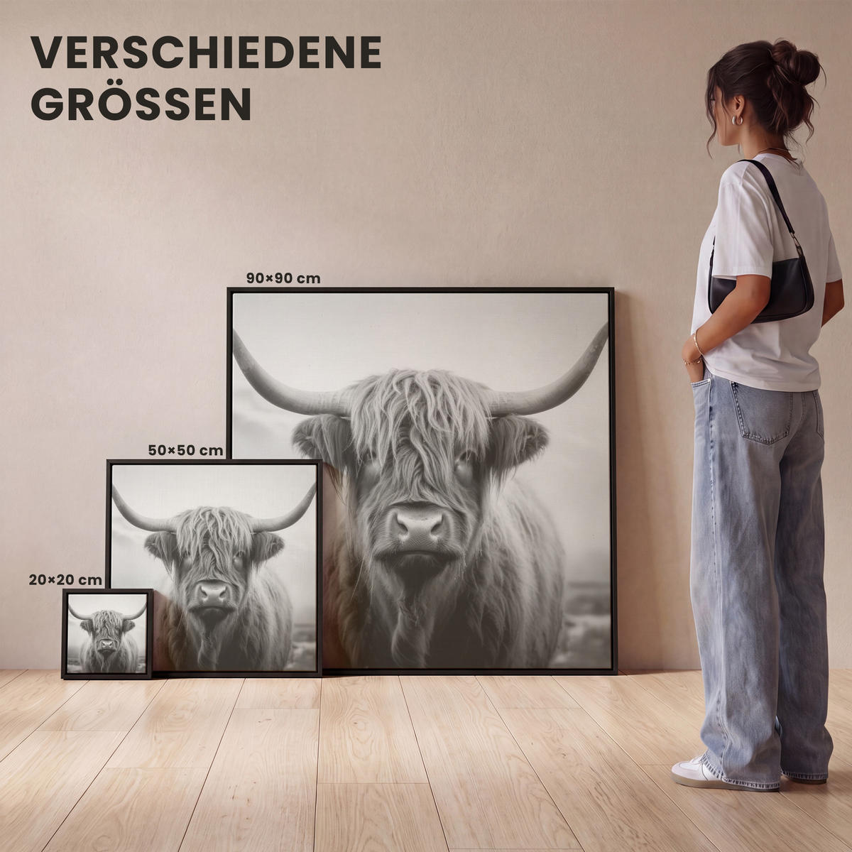 LEINWAND Bilder mit Rahmen - Schottischer Highlander - Nebel - Schwarz - Weiß - 90x90 - Grau, Textil (90/90cm) - MuchoWow