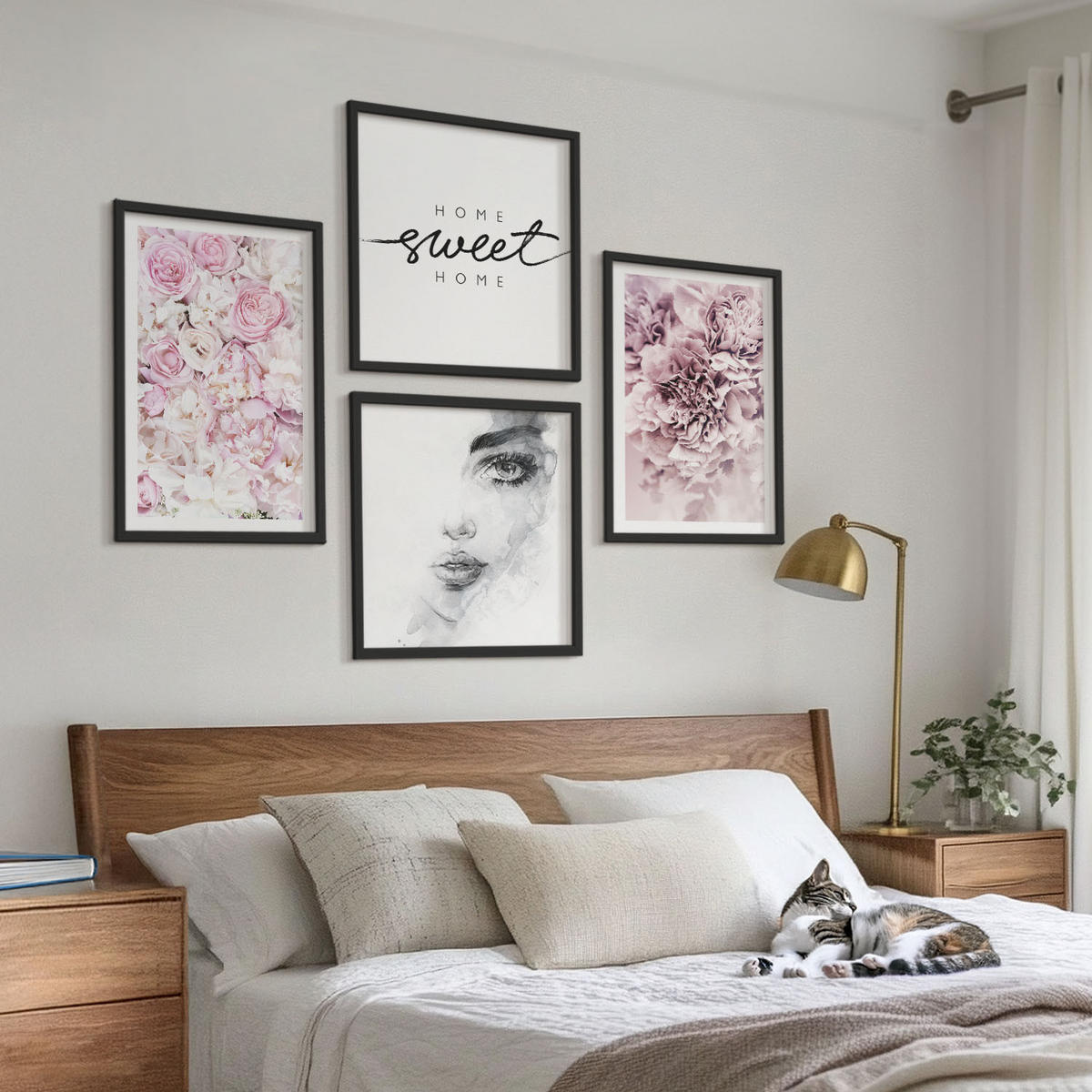 BILDER SET 4er Set - 50x50 cm & 40x60 cm Schwarzer Rahmen - Pfingstrosenporträt einer Frau zu Hause - Schwarz, Kunststoff (50/50cm) - TULUP