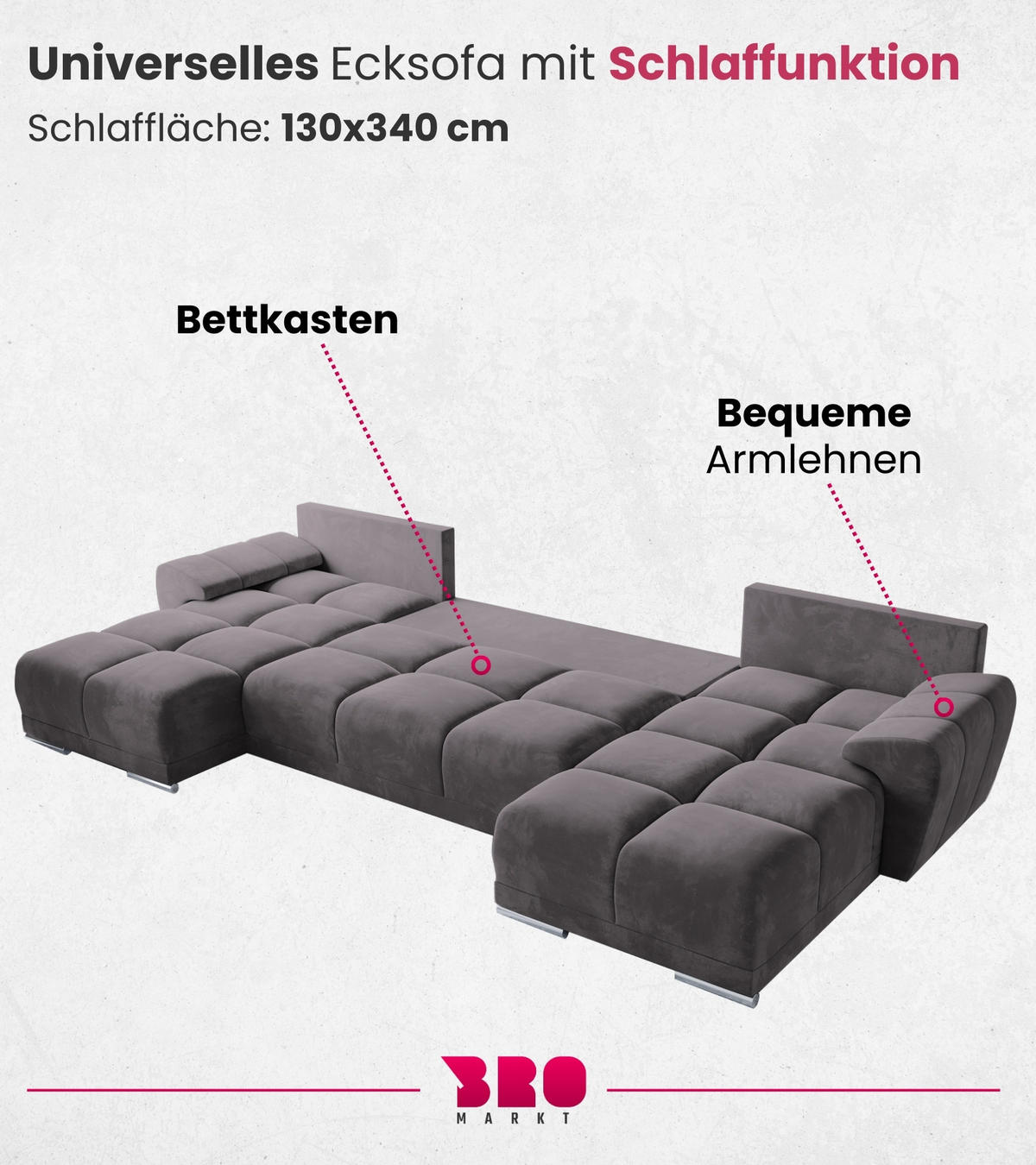 WOHNLANDSCHAFT Nubes mit Schlaffunktion Puderrosa Plüsch - Silberfarben/Rosa, Kunststoff/Textil (372/85/184cm) - Bromarkt