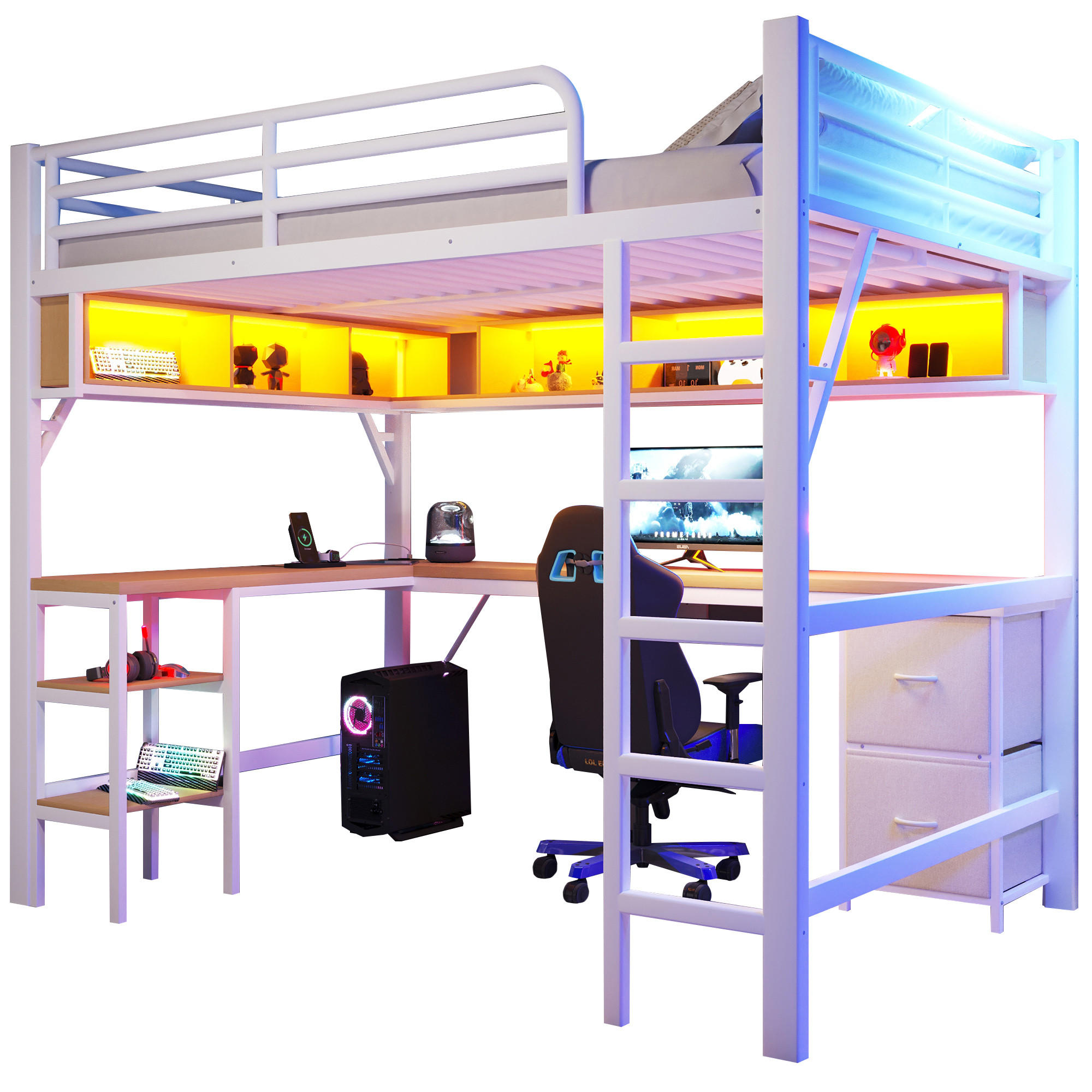 CHICFURN VYVÝŠENÁ POSTEL 140/200 cm v bílé barvě s psacím stolem, LED a USB