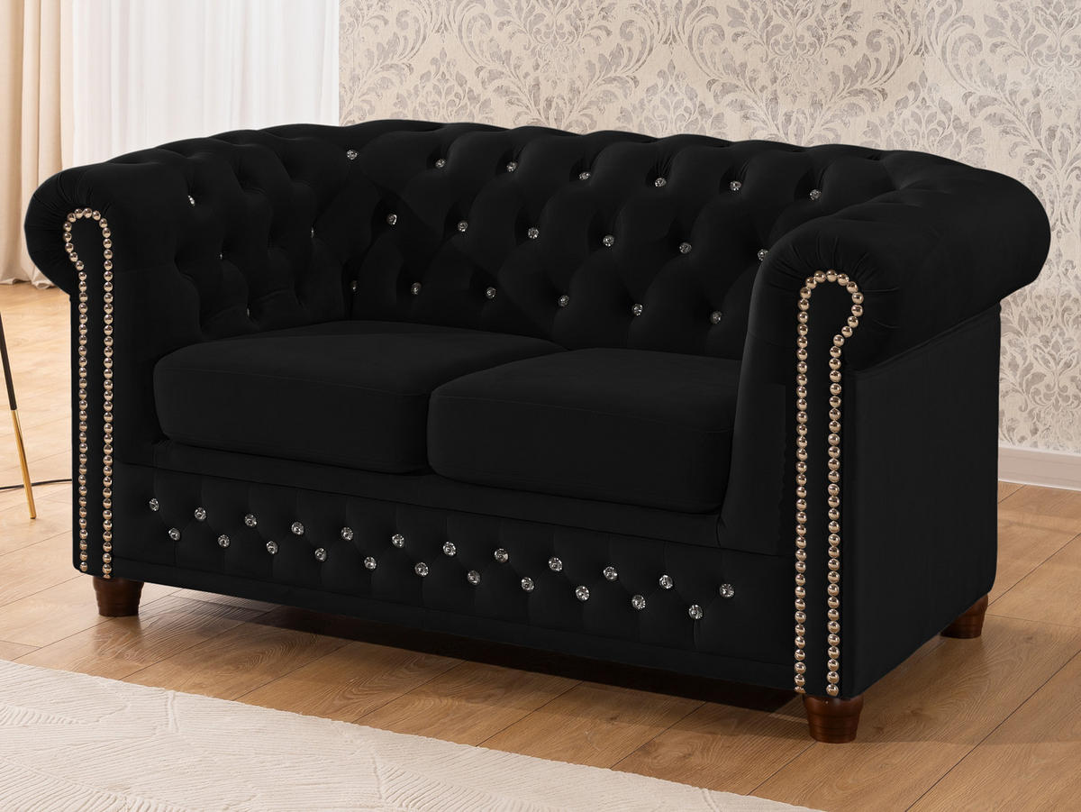 SITZGARNITUR 3+2 Chesterfield Cleo Blink Schwarz Samt mit Kristallsteppung und braunen Massivholzfüßen - Schwarz/Braun, Holz/Textil (203/72/86cm) - S-Style Möbel