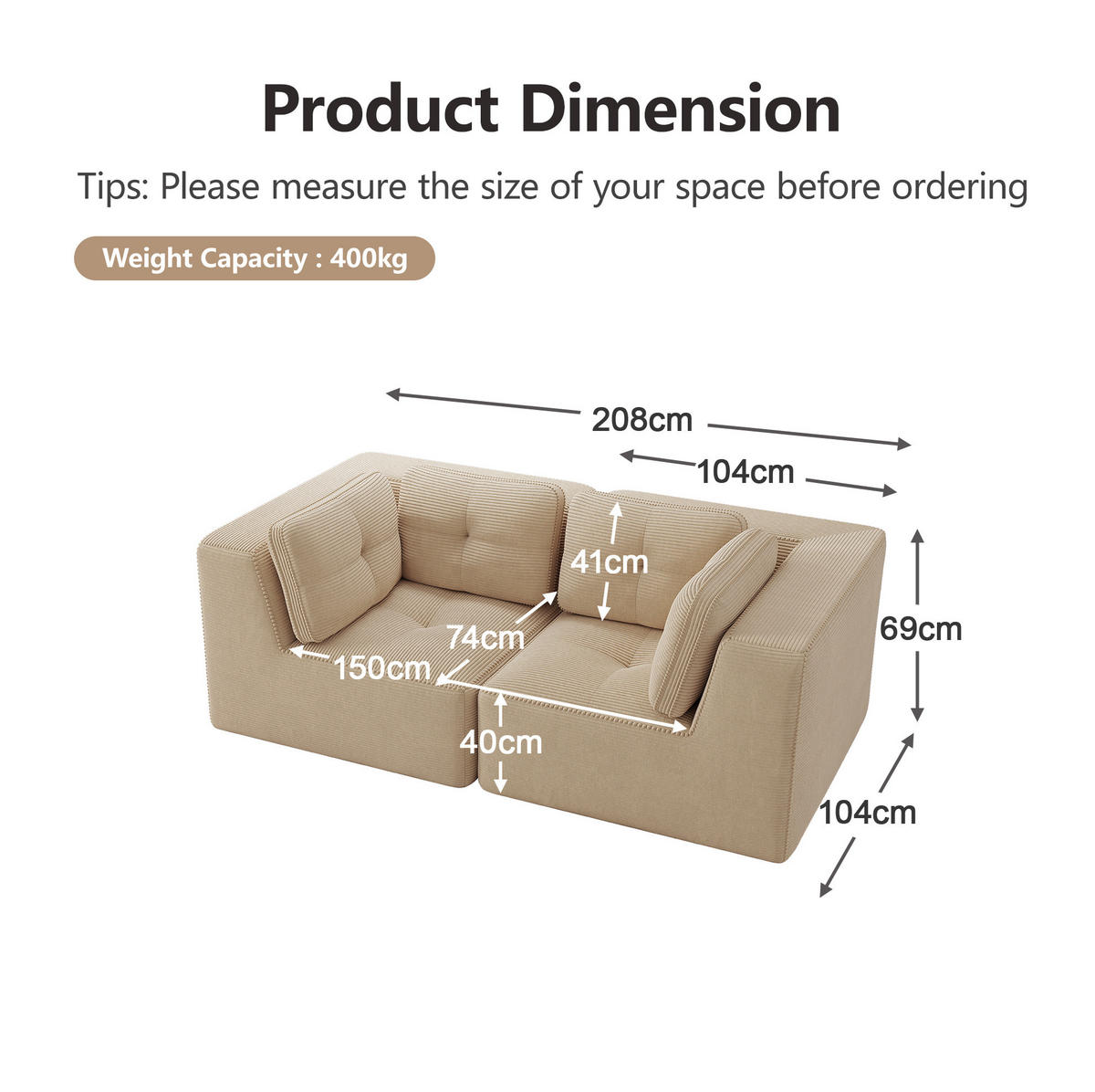 ECKSOFA 208/104/69 cm beige aus Cord mit modularem Design - Beige, Textil (104/208cm) - OKWISH