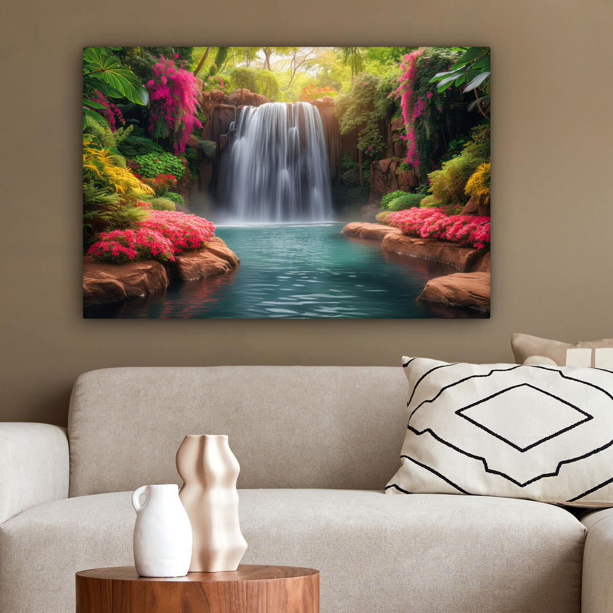 LEINWANDBILD Wasserfall - Natur - Pflanzen - Dschungel - Wasser Gemälde 60x40 cm - Grün, Textil (60/40cm) - MuchoWow