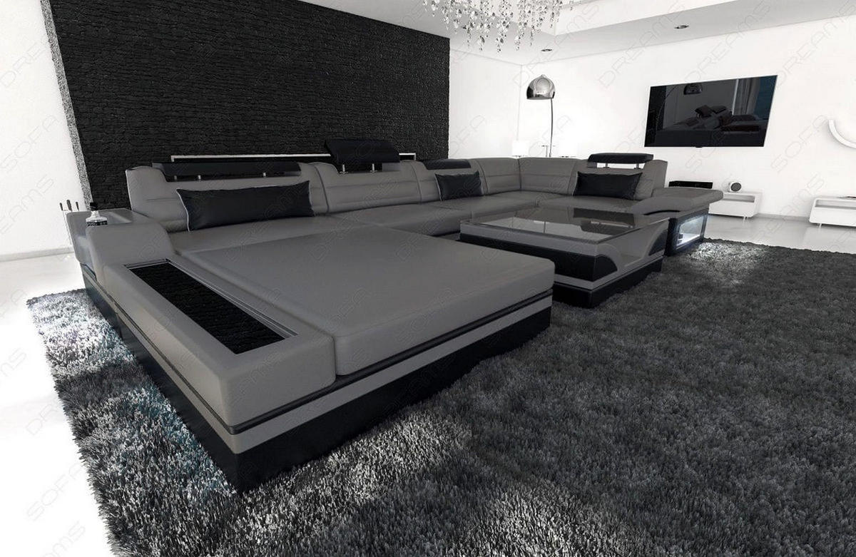 SOFA Mezzo U Grau Schwarz Kunstleder - Grau, Textil (372/78/214cm)