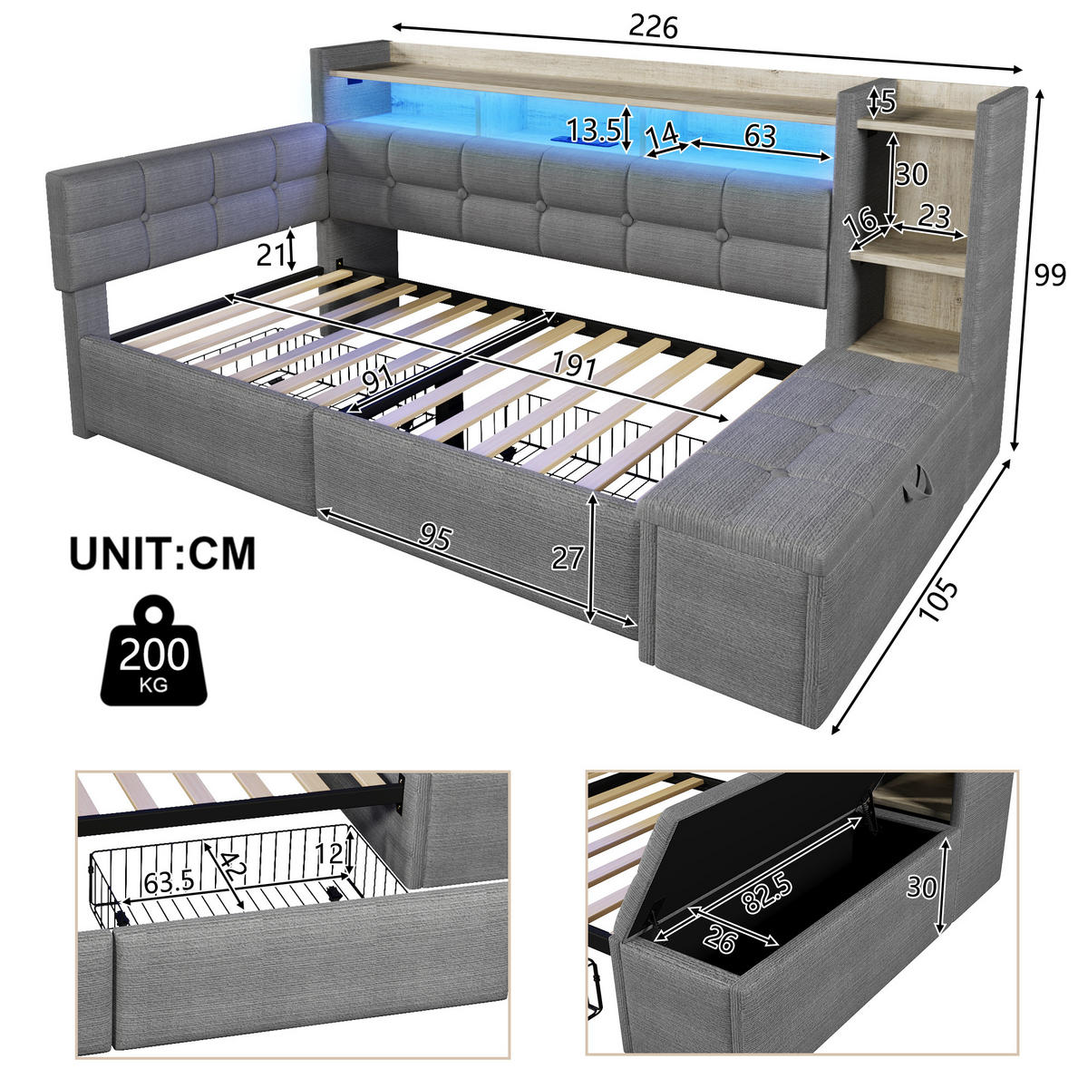 TAGEBETT 90x190cm Dunkelgrau Samt 2 Schubladen USB LED-Licht - Dunkelgrau, Holz (90/190cm) - FLIEKS