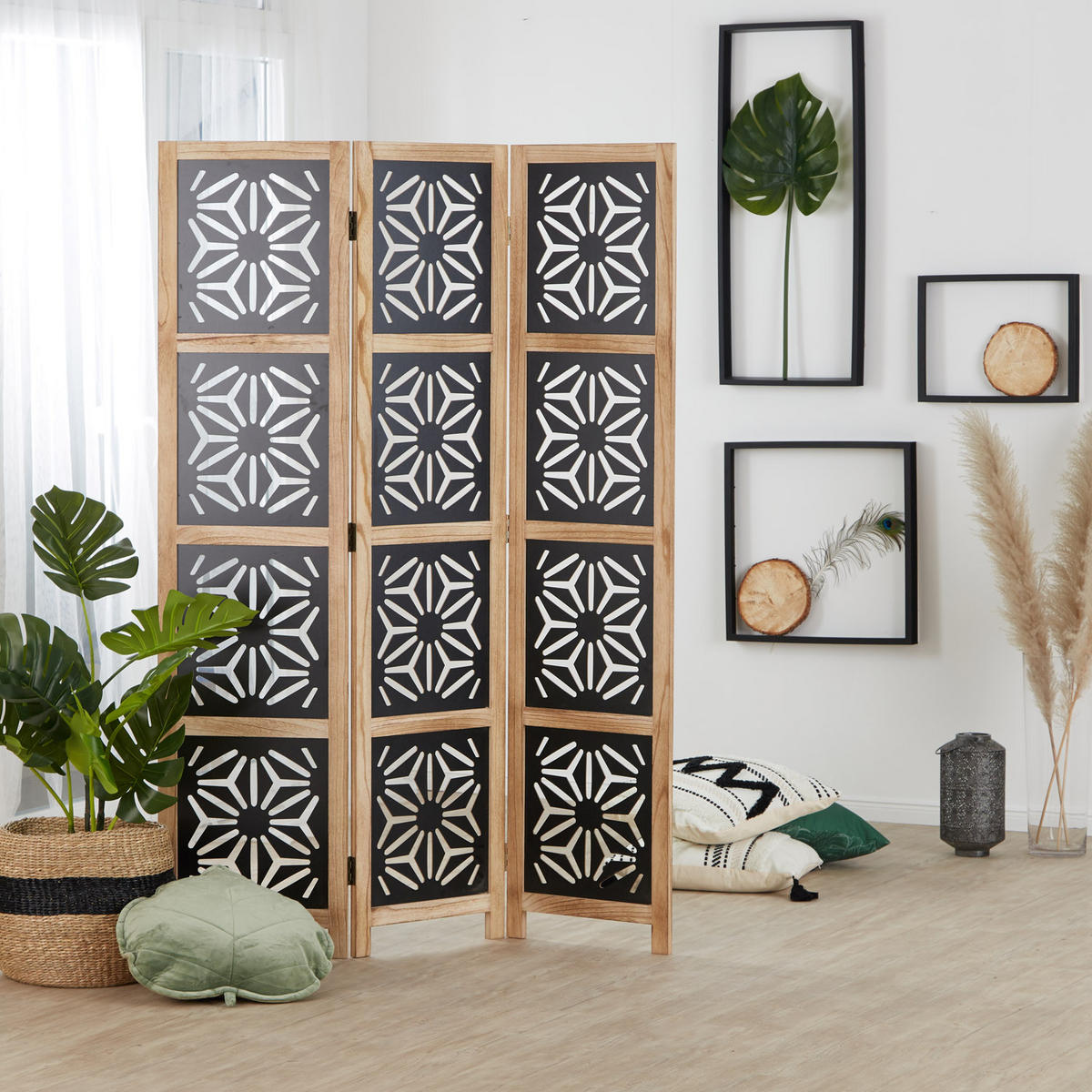 PARAVENT 3-tlg. 120/170 cm Braun Holz-Ornamentik - Braun, Holz (120/170/2cm) - Homestyle4u
