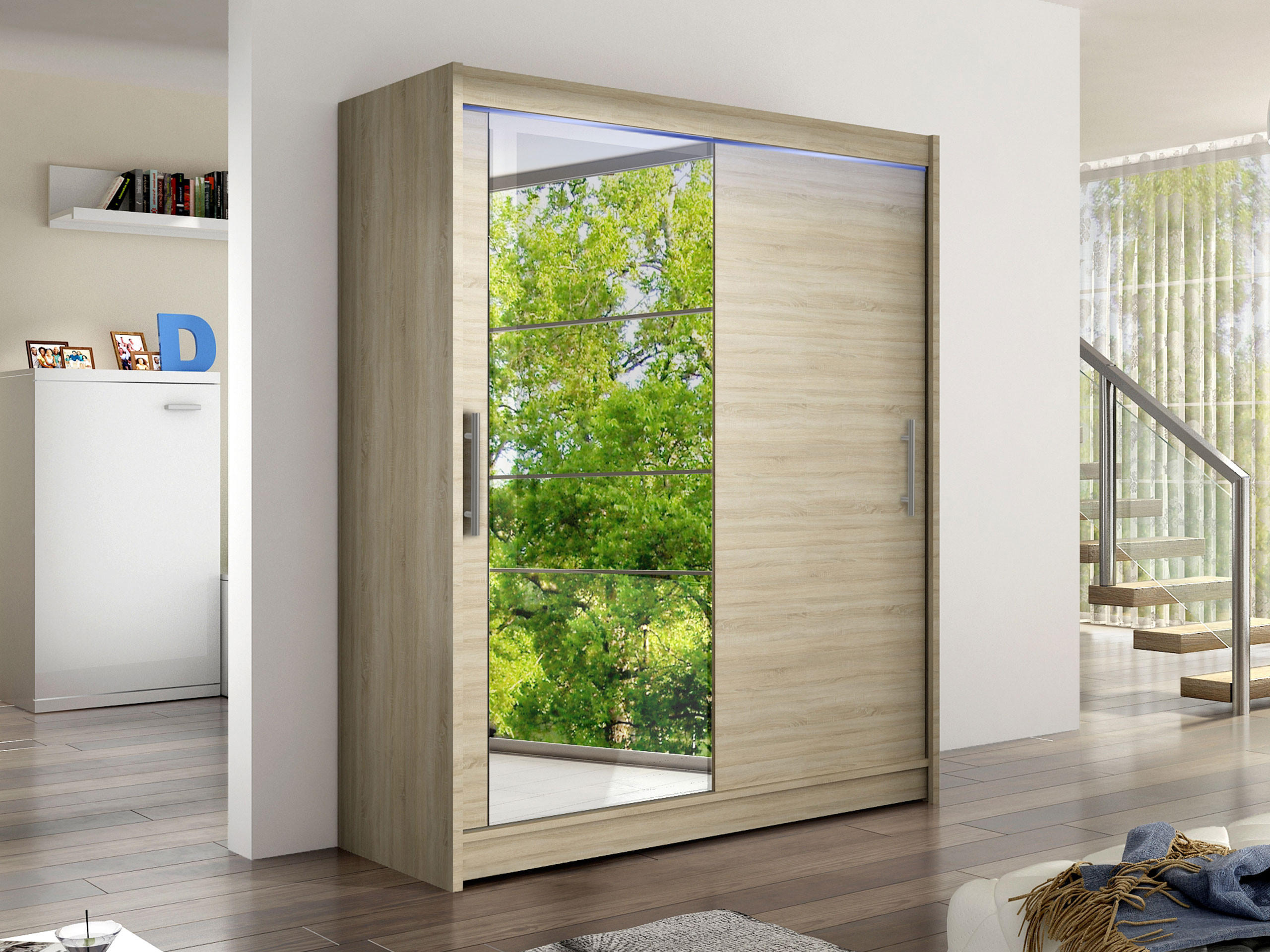 SCHWEBETÜRENSCHRANK Westa VI, mit RGB LED Beleuchtung - Silberfarben/Sonoma Eiche, Holzwerkstoff/Metall (150/200/58cm) - MIRJAN24