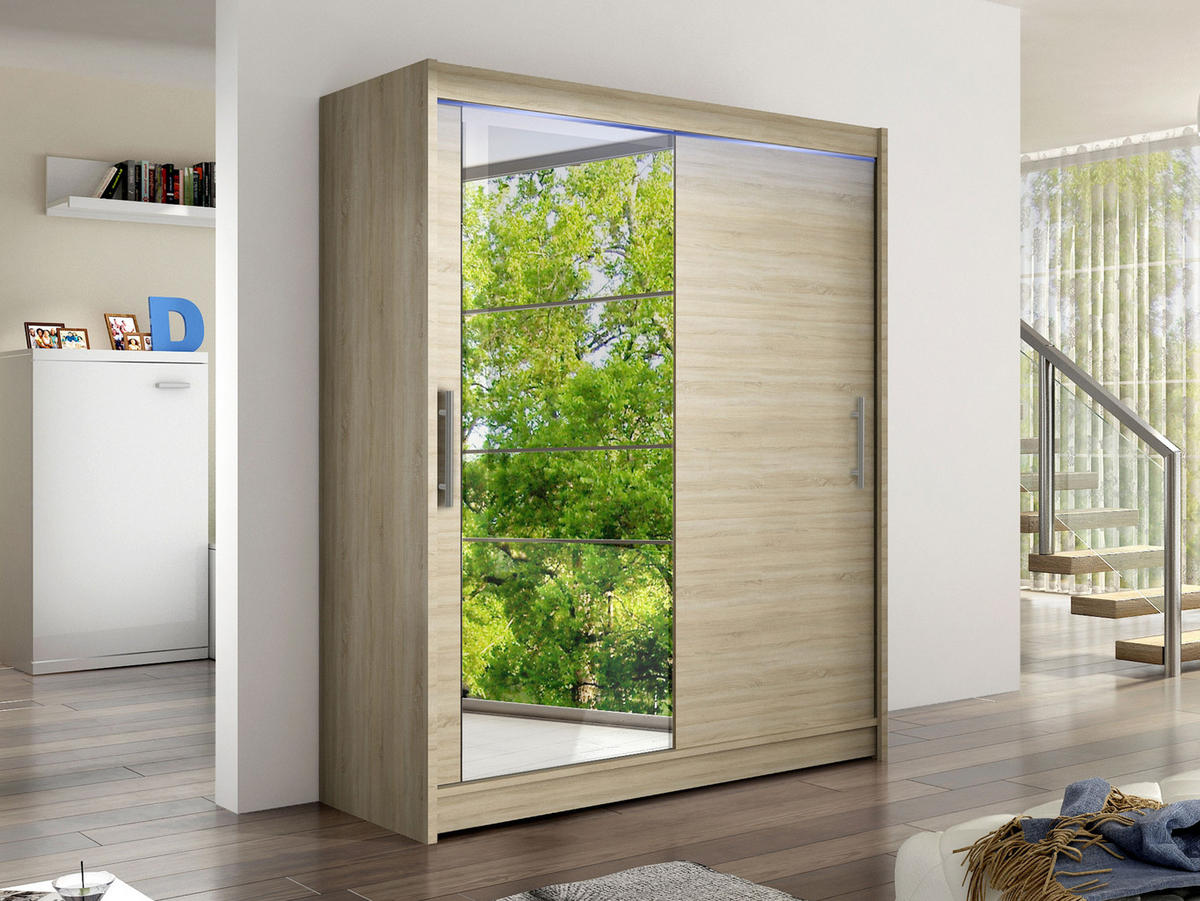 SCHWEBETÜRENSCHRANK Westa VI, mit RGB LED Beleuchtung - Silberfarben/Sonoma Eiche, Holzwerkstoff/Metall (150/200/58cm) - MIRJAN24