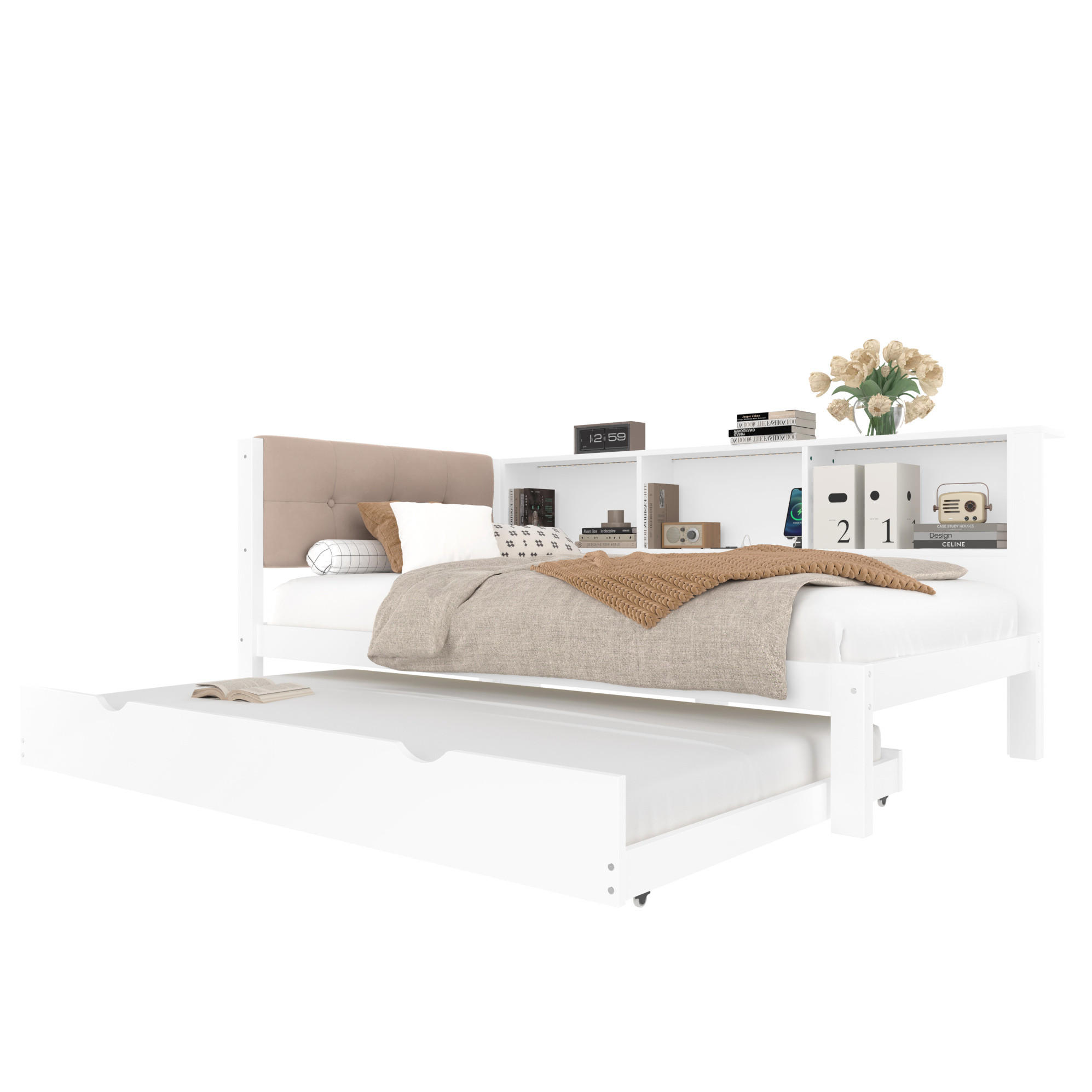 POLSTERBETT 90/200 cm Weiß aus Kiefernholz mit Ausziehbett - Weiß, Holz (90/200cm) - OKMYHOME