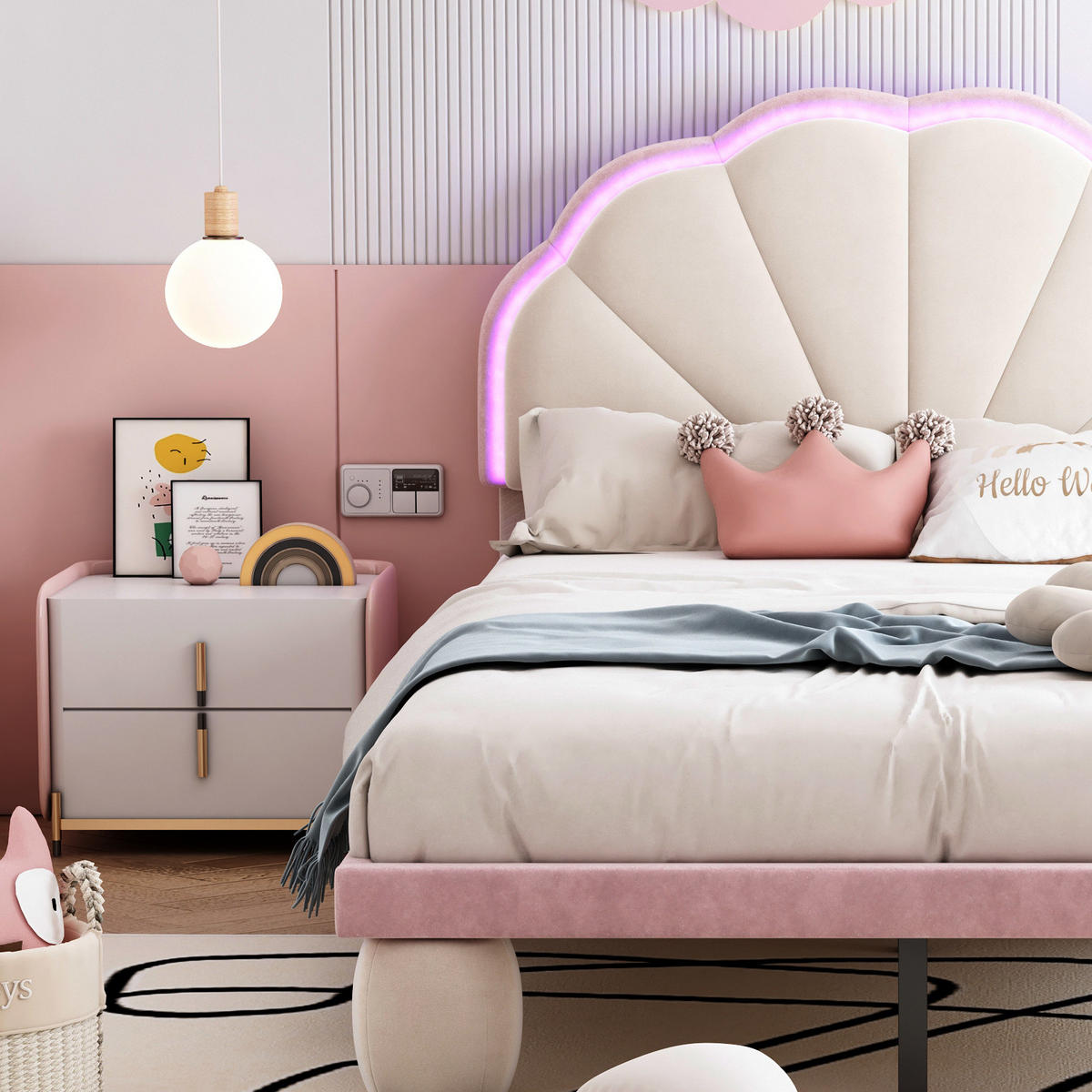 POLSTERBETT mit LED-Beleuchtung 90/200 cm in Samt Beige/Rosa - Weiß, Textil (90/200cm) - BEAOK