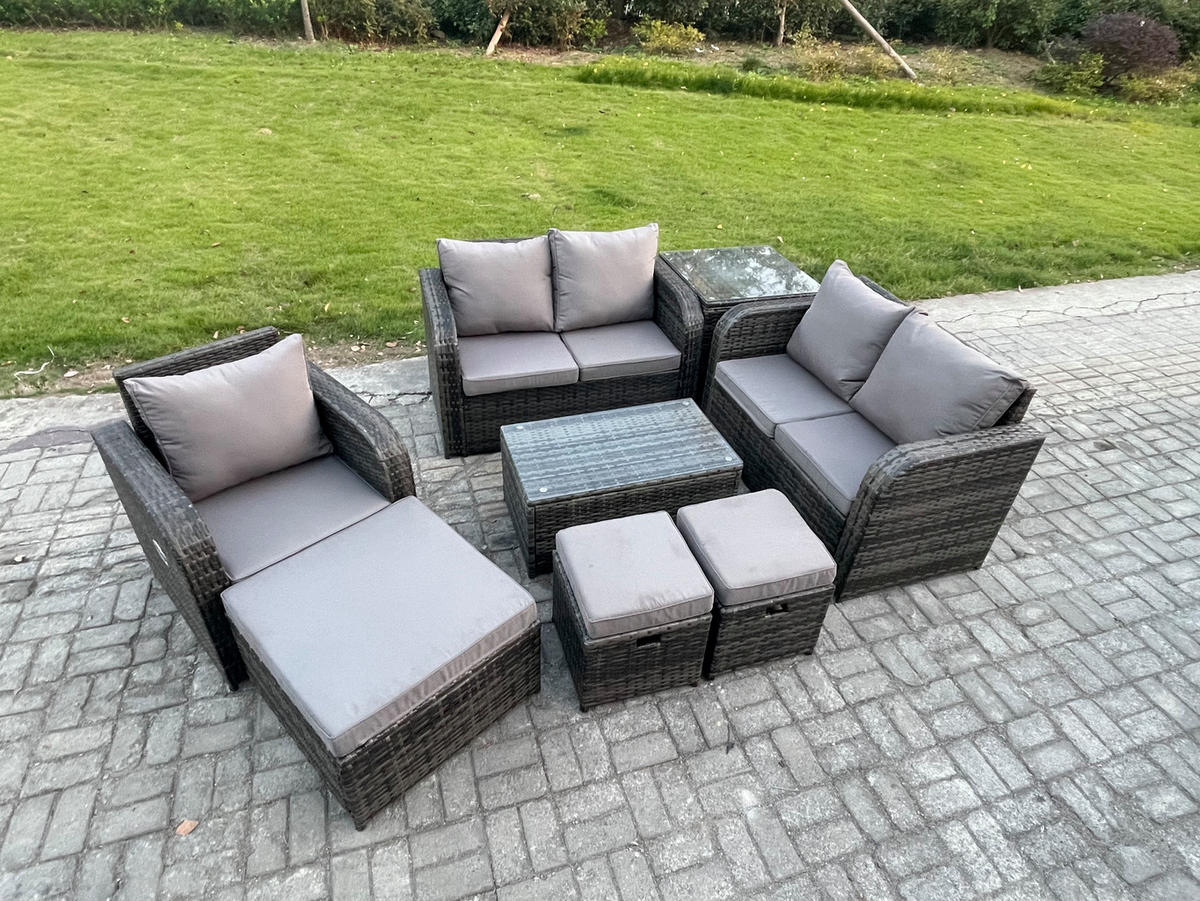 LOUNGESOFA-SET Polyrattan Dunkelgrau 8-Sitzer - Dunkelgrau, Metall - Fimous