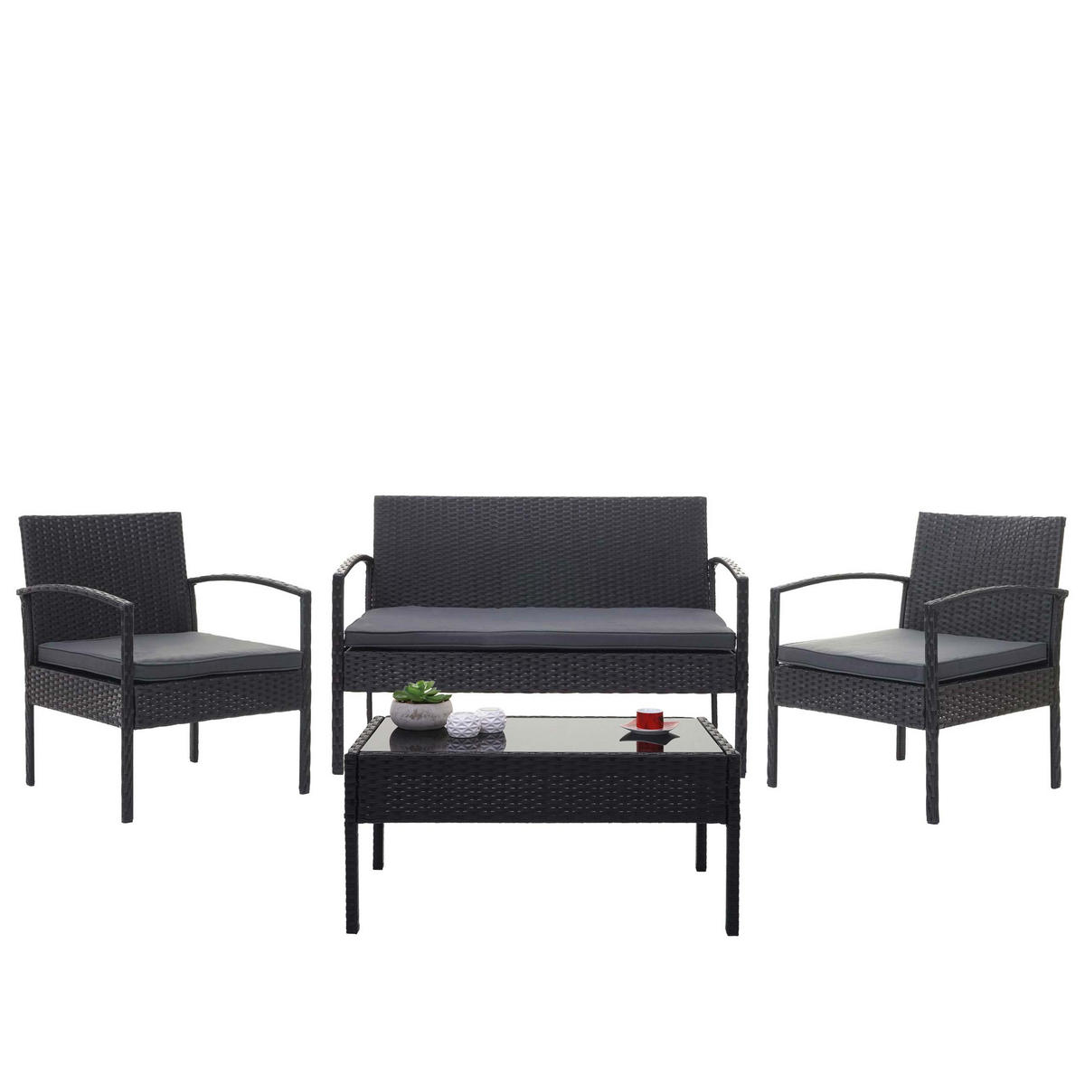 POLY-RATTAN GARNITUR Schwarz, Anthrazit - Anthrazit/Schwarz, Kunststoff - MCW