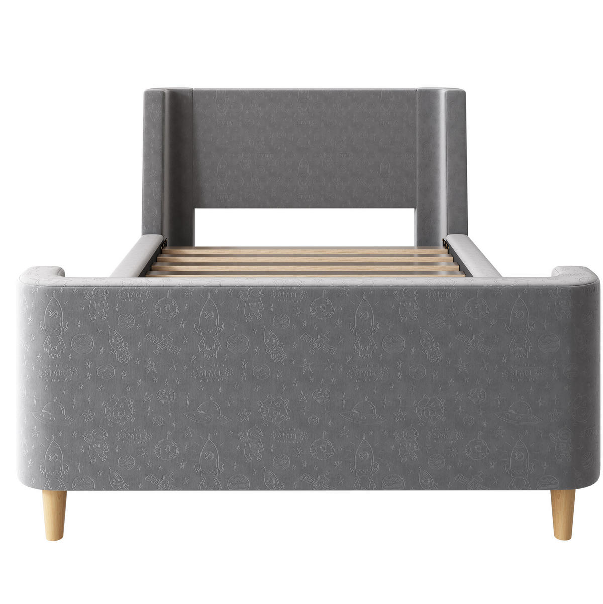 KINDERBETT in Schlittenform 90x200 cm Samt Grau mit Weltraummotiv - Grau, Holzwerkstoff (90/200cm) - Beauniv