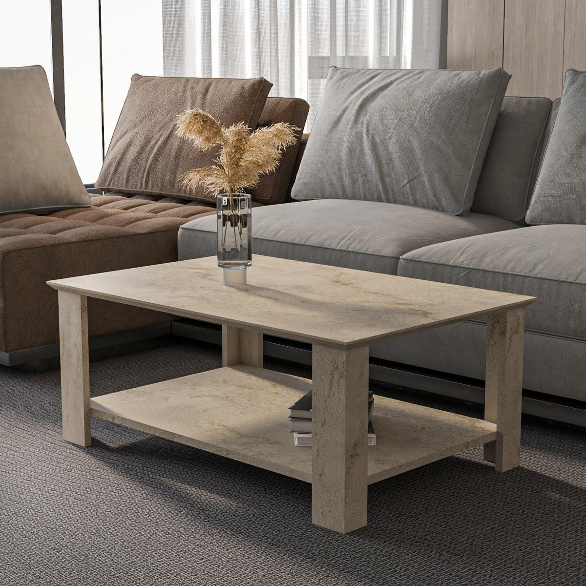 COUCHTISCH Leroy Travertin - Creme, Holzwerkstoff (90/60/37cm) - Decorotika