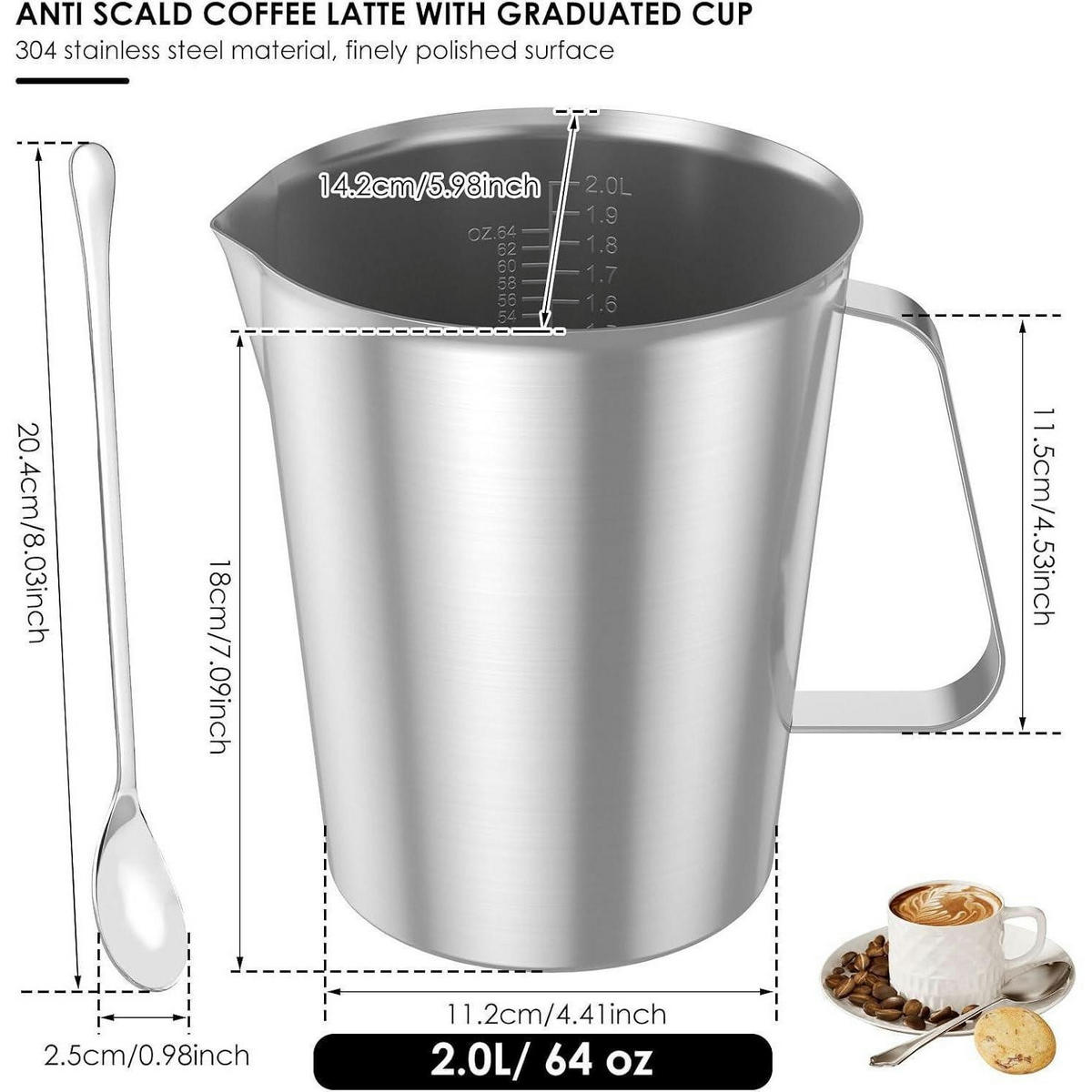 MESSBECHER Edelstahl 2000 ml mit Feinskala und Griff - Silberfarben, Metall (2L)