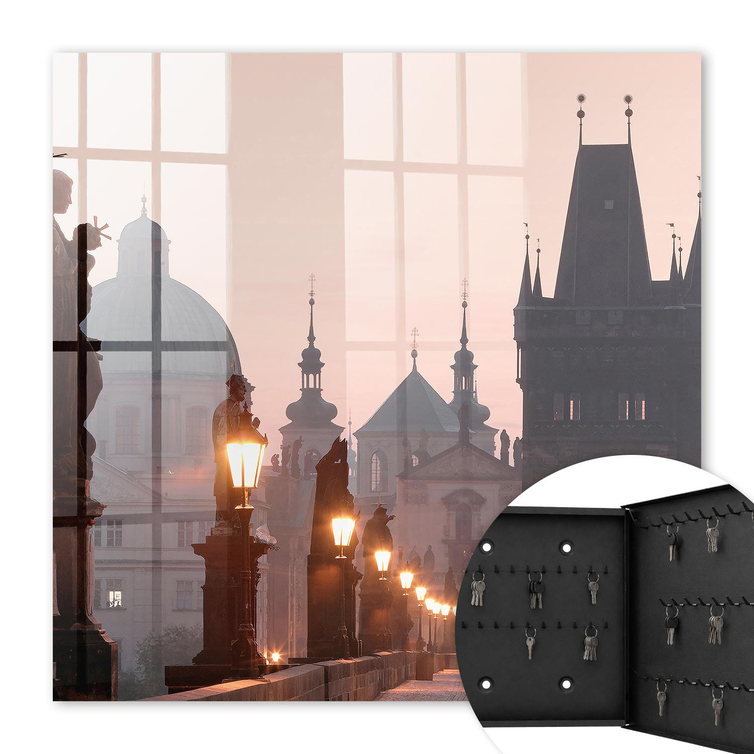 SCHLÜSSELBOX Schwarz 30x30 cm- Türöffnung nach rechts - Historische Brücke - Pink, Metall (30/30/5cm) - TULUP
