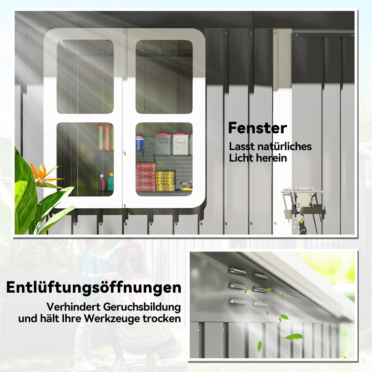 GERÄTEHAUS 2,55m², Gartenhaus mit Pultdach, 221 x 133 x 190/173 cm, Dunkelgrau - Dunkelgrau, Metall (133/190/211cm) - Outsunny