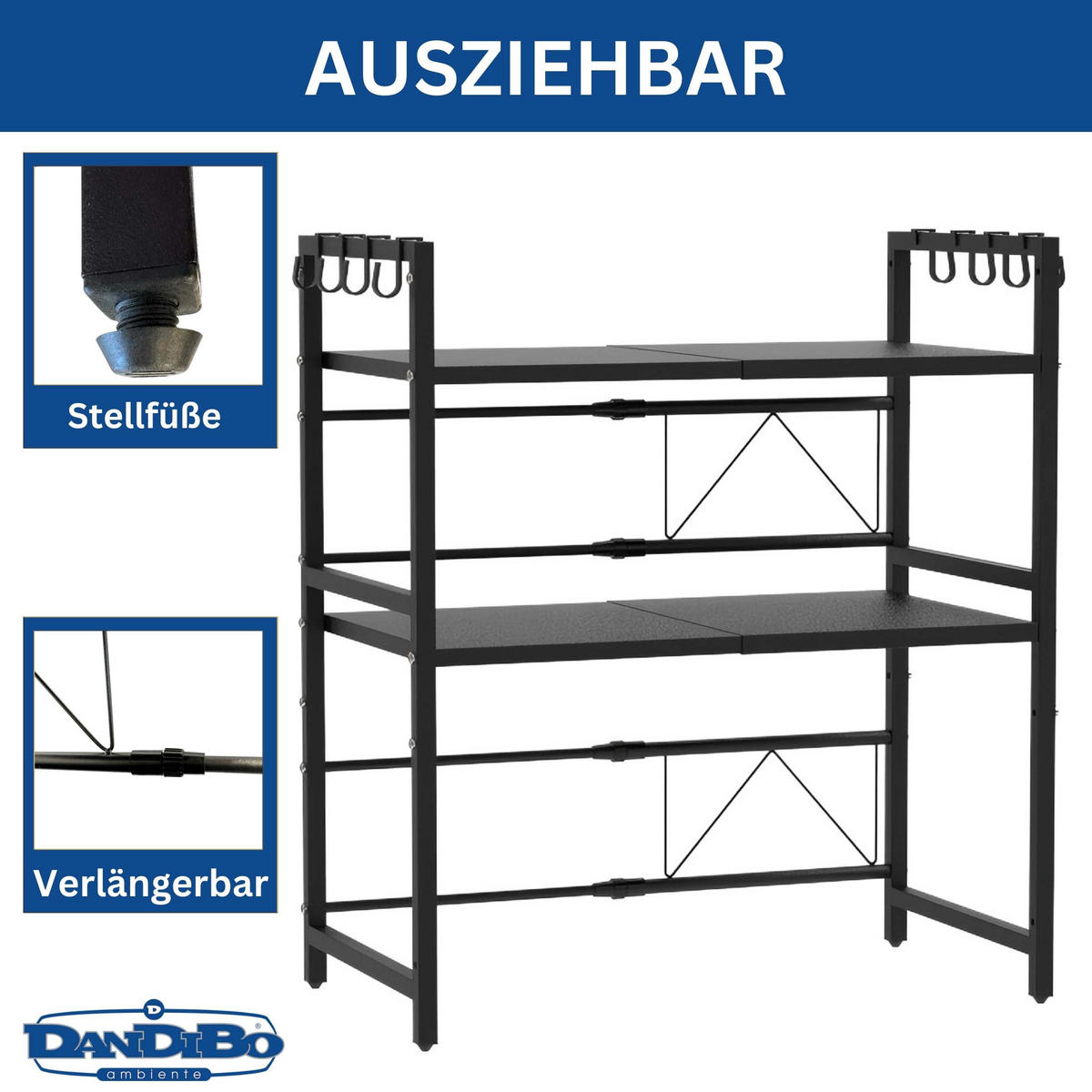 KÜCHENREGAL 3 Stufig Verstellbar 40 - 64 cm Metall - Schwarz, Metall (64/78/36cm) - DanDiBo