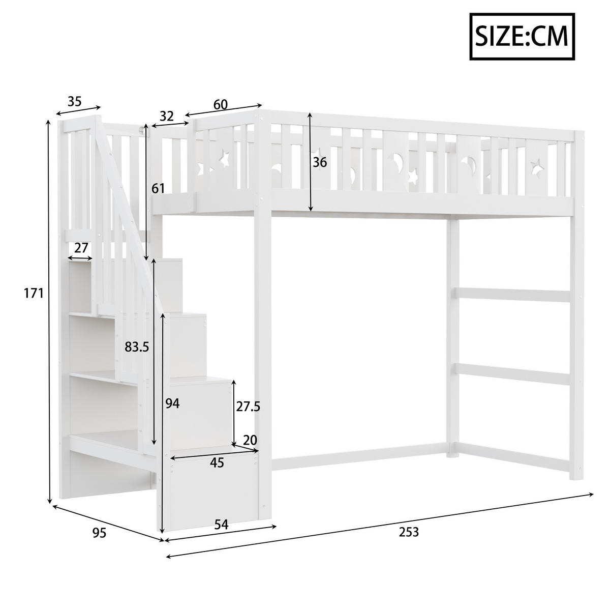 HOCHBETT 90/200 cm aus Massivholz mit Treppe, Weiß - Weiß, Holz (90/200cm) - OKMYHOME