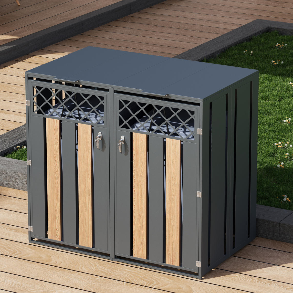 MÜLLTONNENBOX Klappdeckel 2 Türen Lüftung - Grau, Metall (132/118.5/80cm) - LEBENLANG