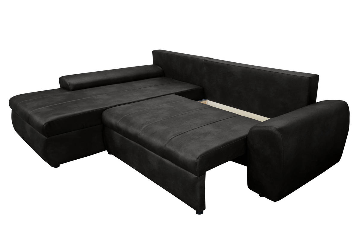 ECKSOFA mit Schlaffunktion, Bettkasten, Wellenunterfederung, Ottomane links B266/T186/H90 cm, Mikrofaser Leder-Optik Vintage Schwarz / 18016 - Schwarz, Kunststoff/Textil (266/186cm) - luma-home