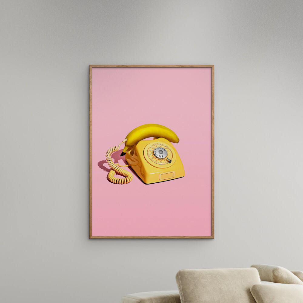 POSTER mit Rahmen Supermercat - Banana phone - Pink/Eichefarben, Holz/Papier (50/70cm) - Poster&Frame
