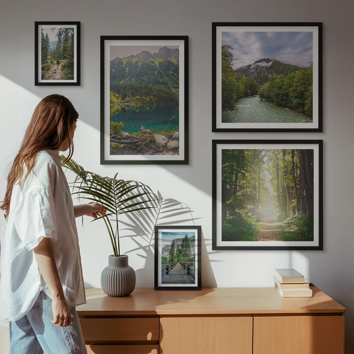 WANDBILDER 5er-Set - 50x50 cm & 20x30 cm & 40x60 cm Schwarzer Rahmen - Straße Wald Berge Hirsch Natur - Schwarz, Kunststoff (40/60cm) - ArtPrintCave