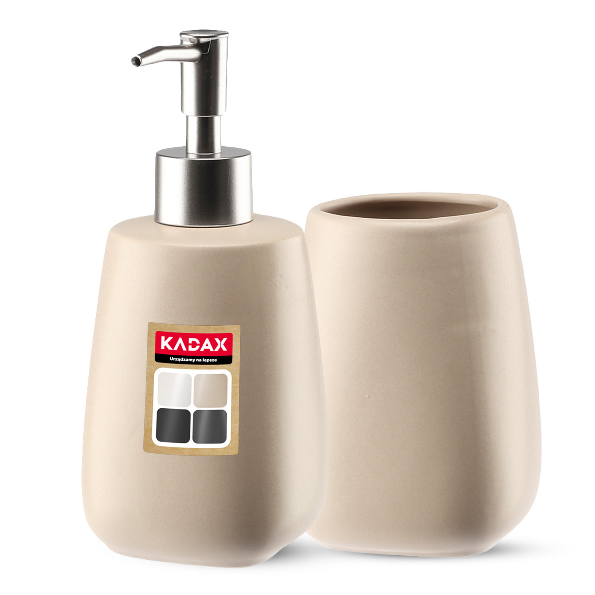 BADEZIMMERSET SEIFENSPENDER + Badezimmerbecher-Set, beige - Beige, Keramik (8/11cm) - KADAX