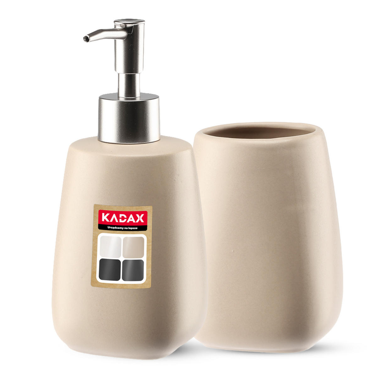 BADEZIMMERSET SEIFENSPENDER + Badezimmerbecher-Set, beige - Beige, Keramik (8/11cm) - KADAX