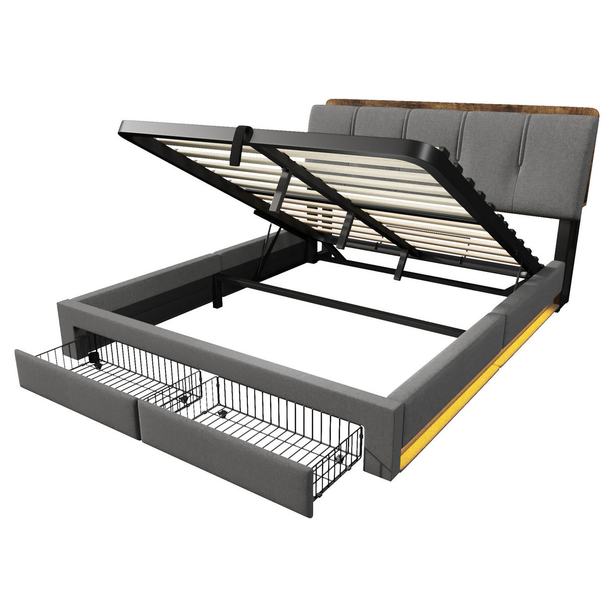 POLSTERBETT mit Bettkasten 140x200 cm Leinen Grau mit USB/Typ-C und LED - Grau, Metall (140/200cm) - Meubliv