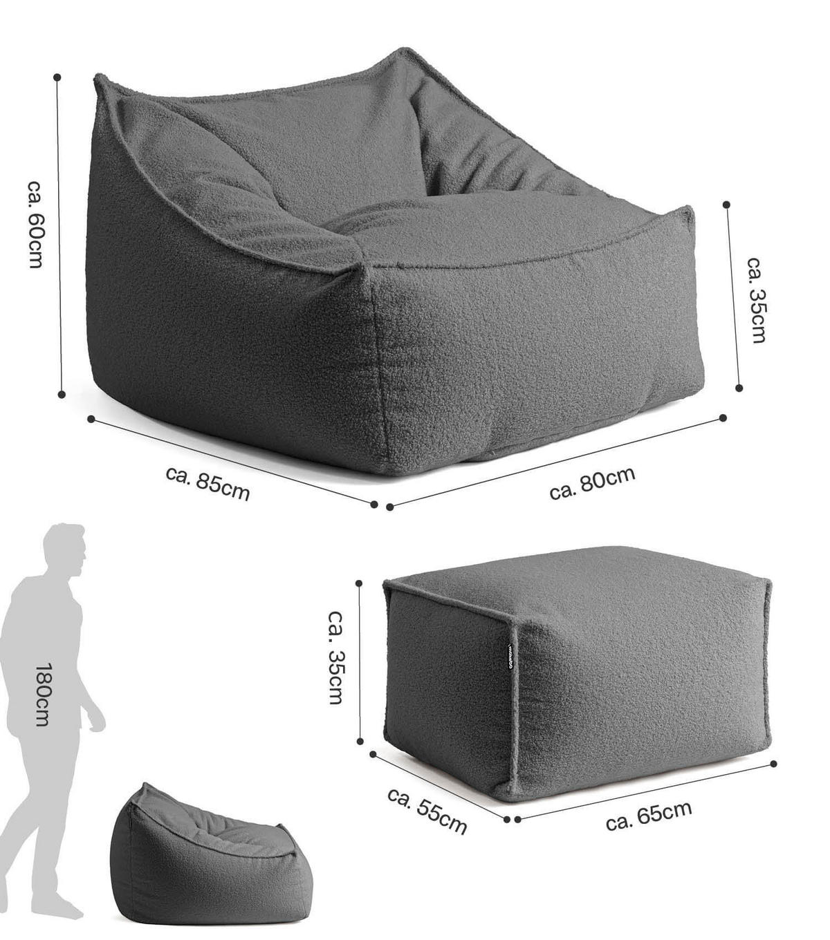 SITZSACK Bouclé Snug mit Hocker - Anthrazit, Textil (150/75/60cm) - Mokebo