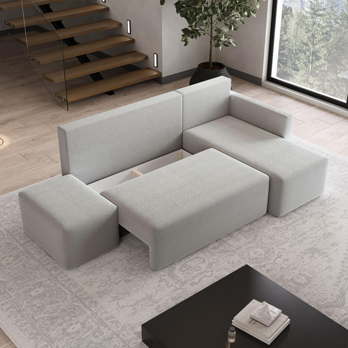 ECKSOFA VELOTTI R-S Hellgrau Boucle-Stoff mit Schlaffunktion - Hellgrau, Holz (261/143cm) - MASSENO