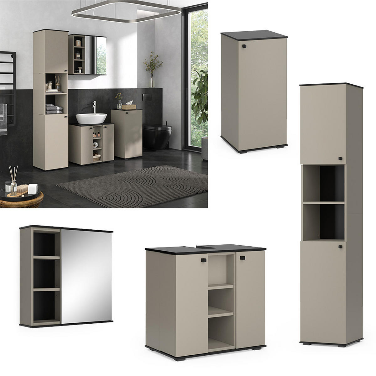 BADMÖBEL-SET Joli Greige 4 Teile, mit Hochschrank und Midischrank - Greige/Schwarz, Holzwerkstoff (60/59/37cm) - Vicco
