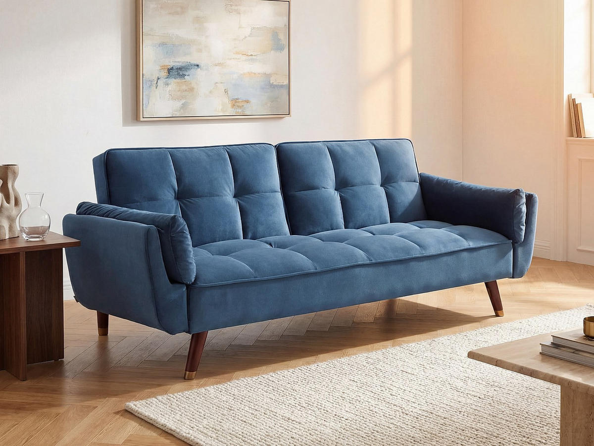 SCHLAFSOFA - 3 Personen - Samt, Stoff - Blau - - Blau, Textil (211/82/90cm) - Vente-Unique