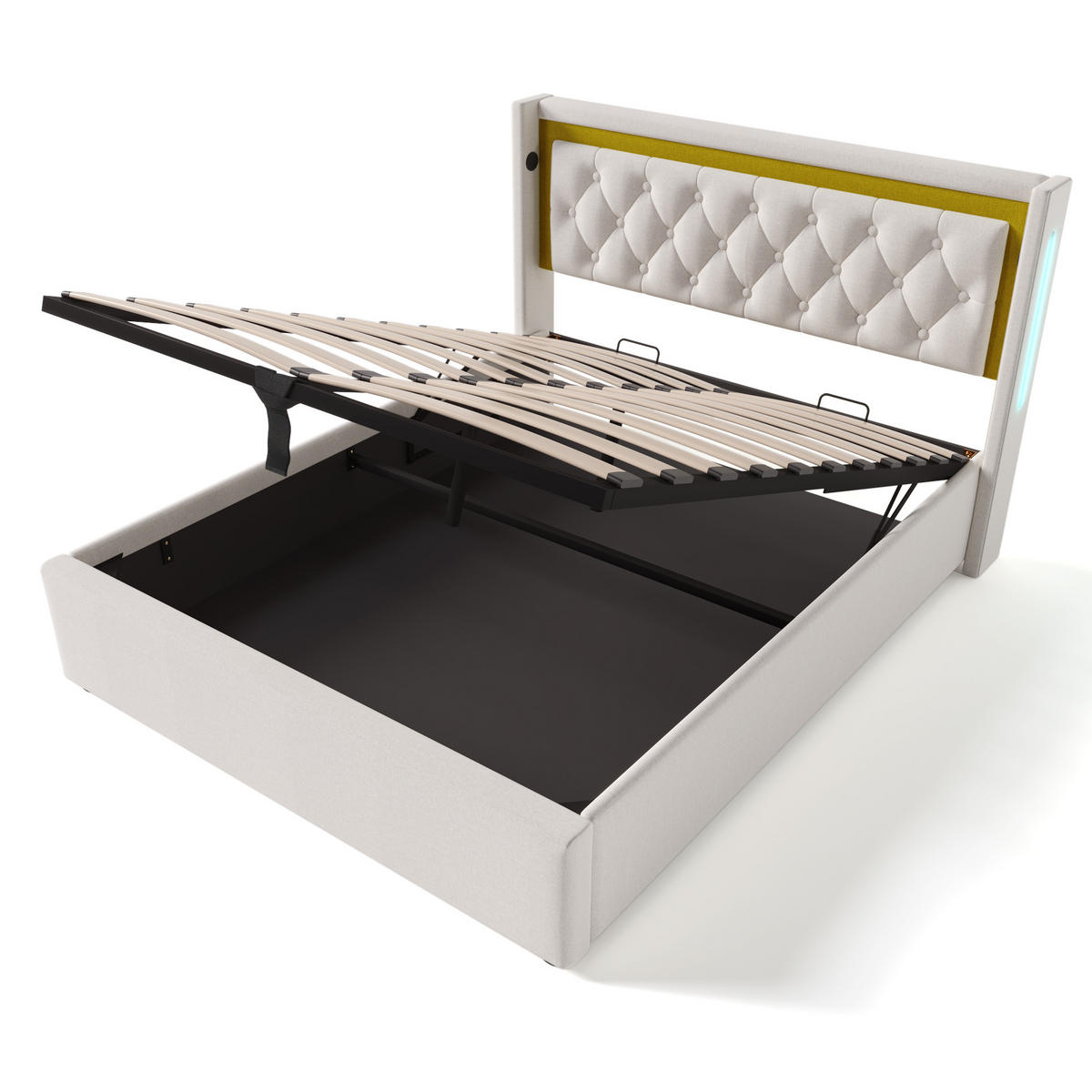 POLSTERBETT 140/200 cm Beige LED mit Stauraum und USB-Anschlüssen mit Matratze - Beige, Textil (140/200cm) - OKWISH