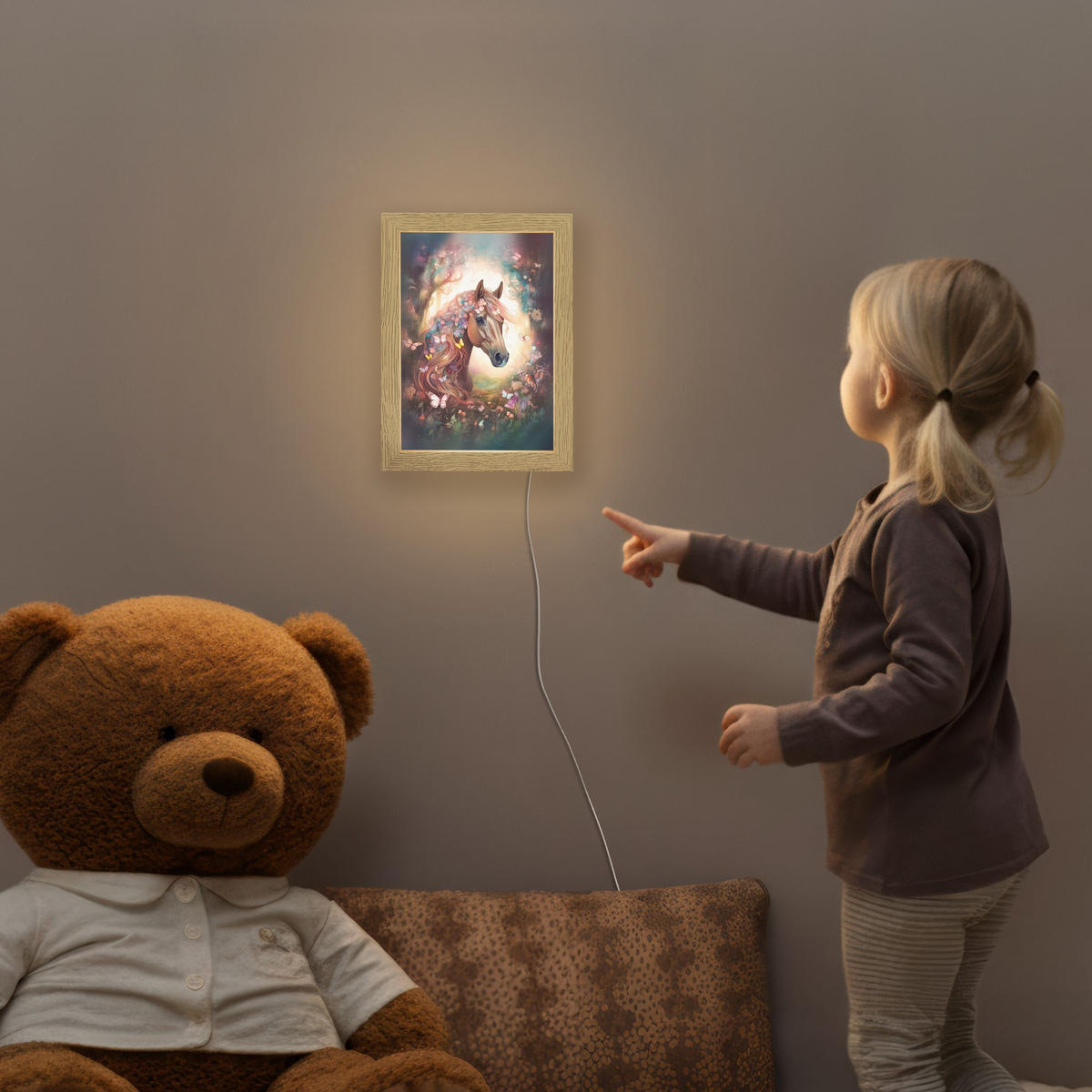 NACHTTISCHLAMPE Pferd - Natur - Blumen - Schmetterlinge - Wald 15x20 cm - Dunkelbraun, Holzwerkstoff (8/15/20cm)