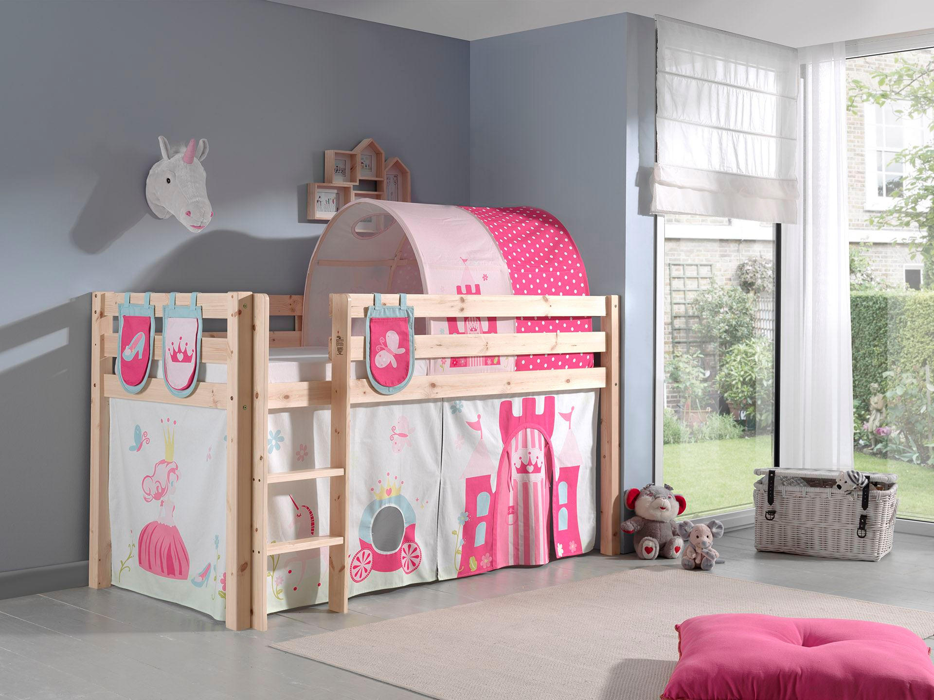 KINDERBETT Karolina 210x114x106 Massivholz Natur Textilset Princess 4 - Magenta/Kieferfarben, Holz (90/200cm) - 58aufmkessel