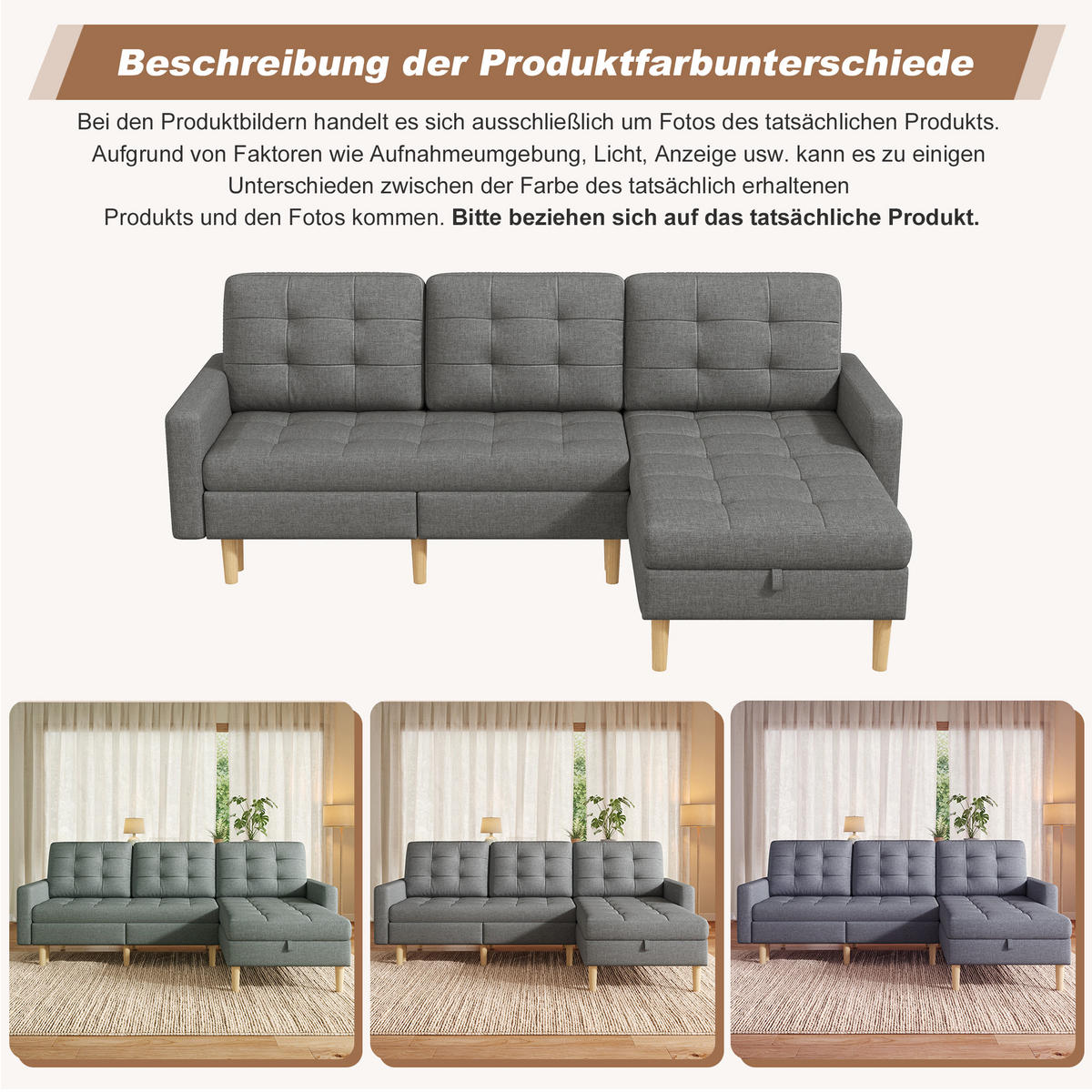 ECKSOFA L Form Stauraum Chaiselongue 3 Sitzer Grau 212cm - Grau, Textil (212/130cm) - FLIEKS