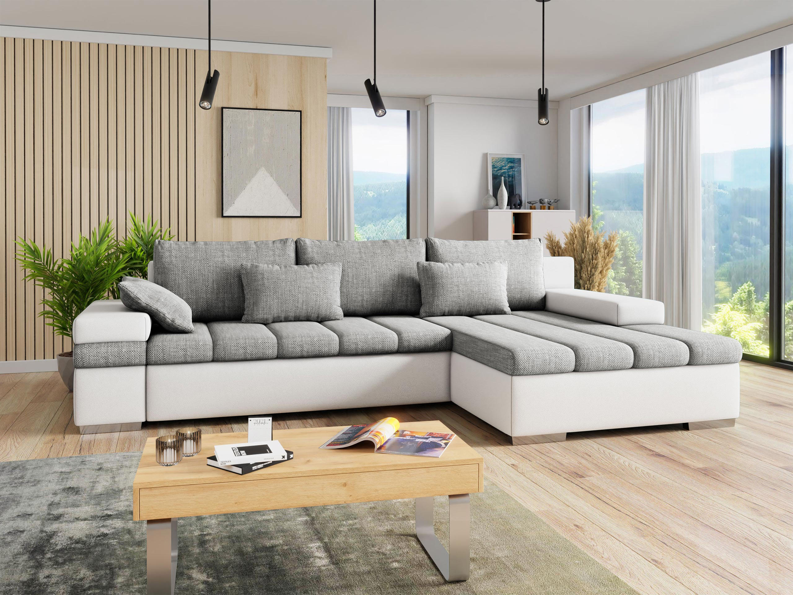 ECKSOFA Bangkok, Seite: Rechts - Silberfarben/Weiß, Holz/Textil (310/175cm) - MIRJAN24