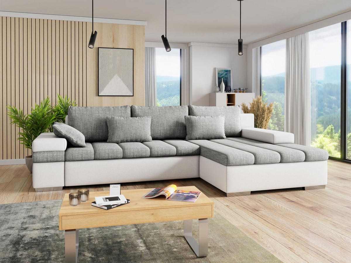 ECKSOFA Bangkok, Seite: Rechts - Silberfarben/Weiß, Holz/Textil (310/175cm) - MIRJAN24
