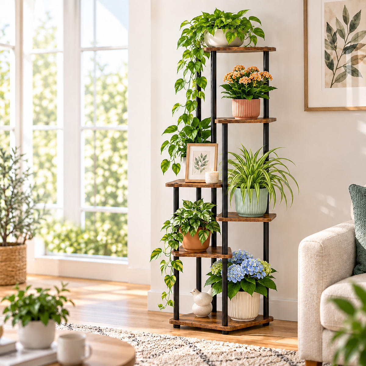 REGÁL Tmavohnedá Čierna na rastliny 6 políc štvorcové - viacfarebná, kov/kompozitné drevo (58/132.5/56cm) - Relaxdays