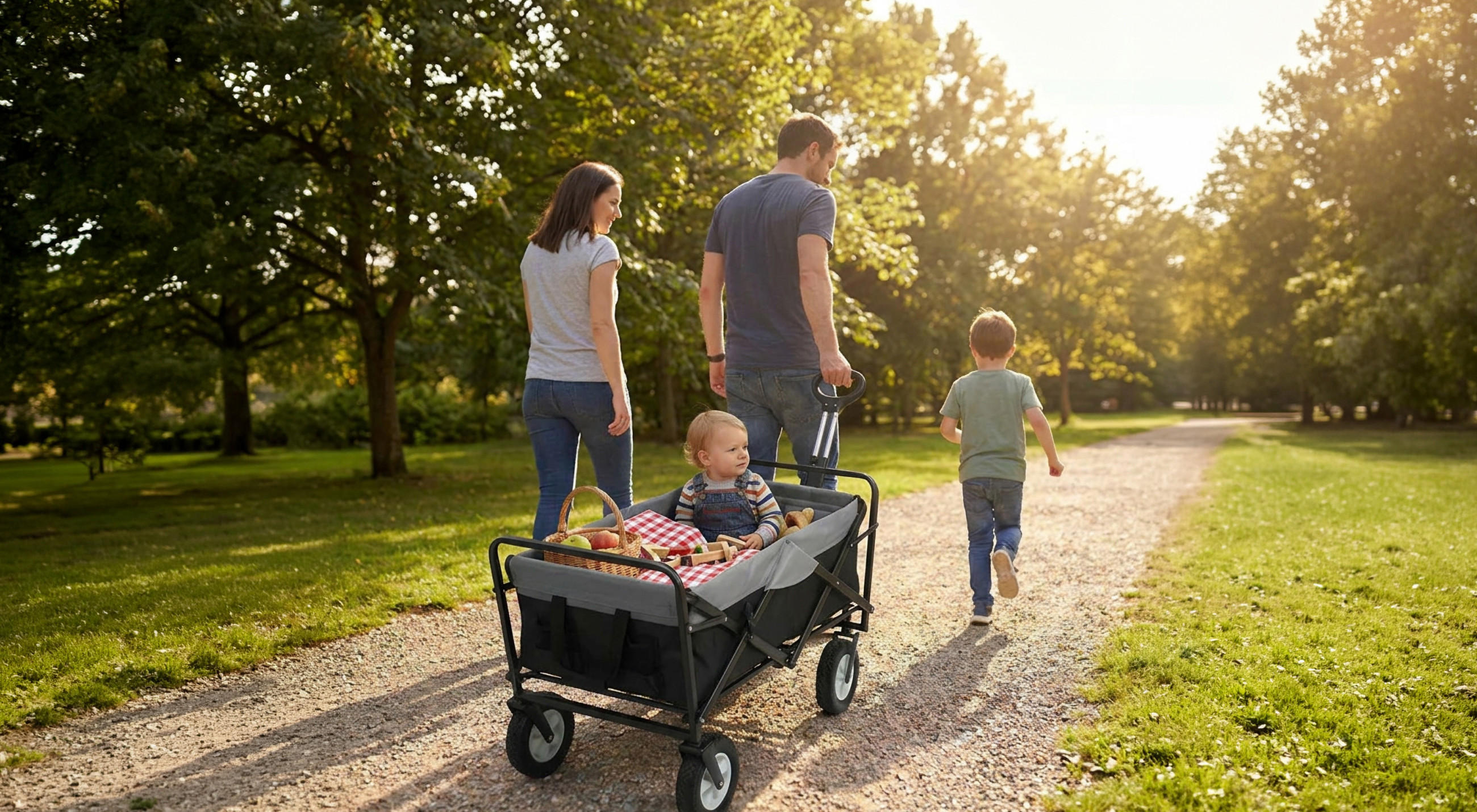 Familie mit zwei Kindern, wobei das jüngere Kind in einem Bollerwagen sitzt, geht auf einem von Bäumen gesäumten Weg im Park spazieren.