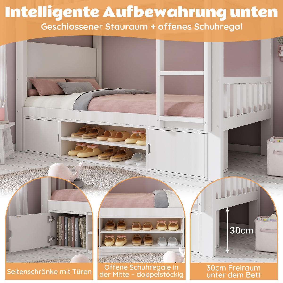 ETAGENBETT 90/200 cm Weiß mit klappbarer Tischplatte und integriertem Schuhregal - Weiß, Holz (90/200cm) - Oxeza