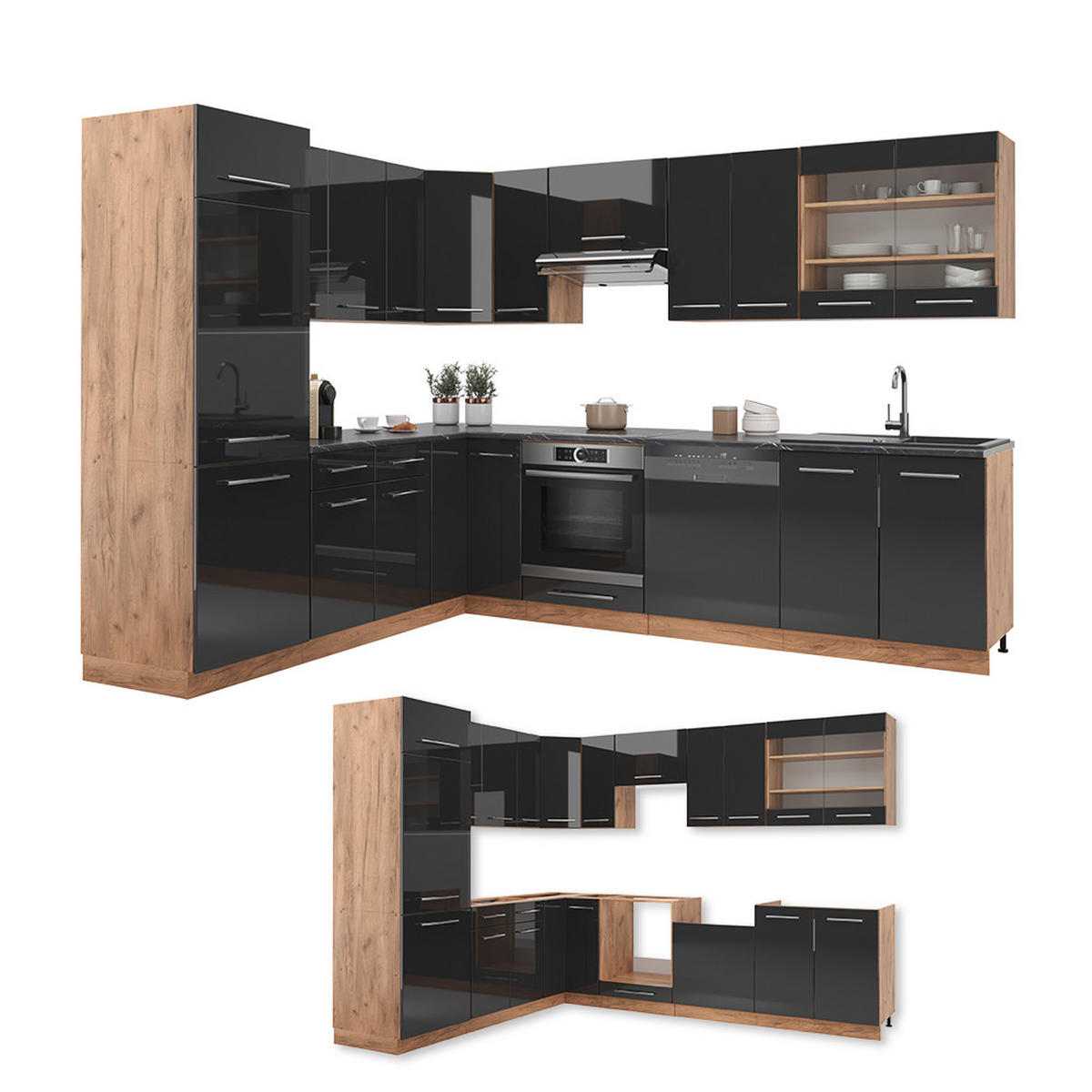 ECKKÜCHE Fame-Line Anthrazit Hochglanz/Goldkraft Eiche 227 x 60 cm ohne AP - Honigeiche/Anthrazit, Holzwerkstoff (287/81.6/46cm) - Vicco