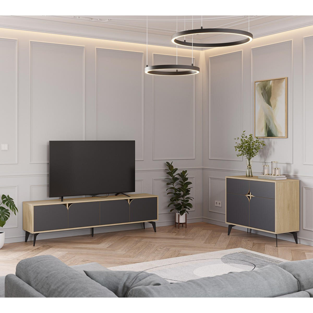 TV-MÖBEL 4 Türen mit Metallfüßen B180 cm - FLORA - Eschefarben, Holzwerkstoff (35.5/51/15.5cm) - Calicosy