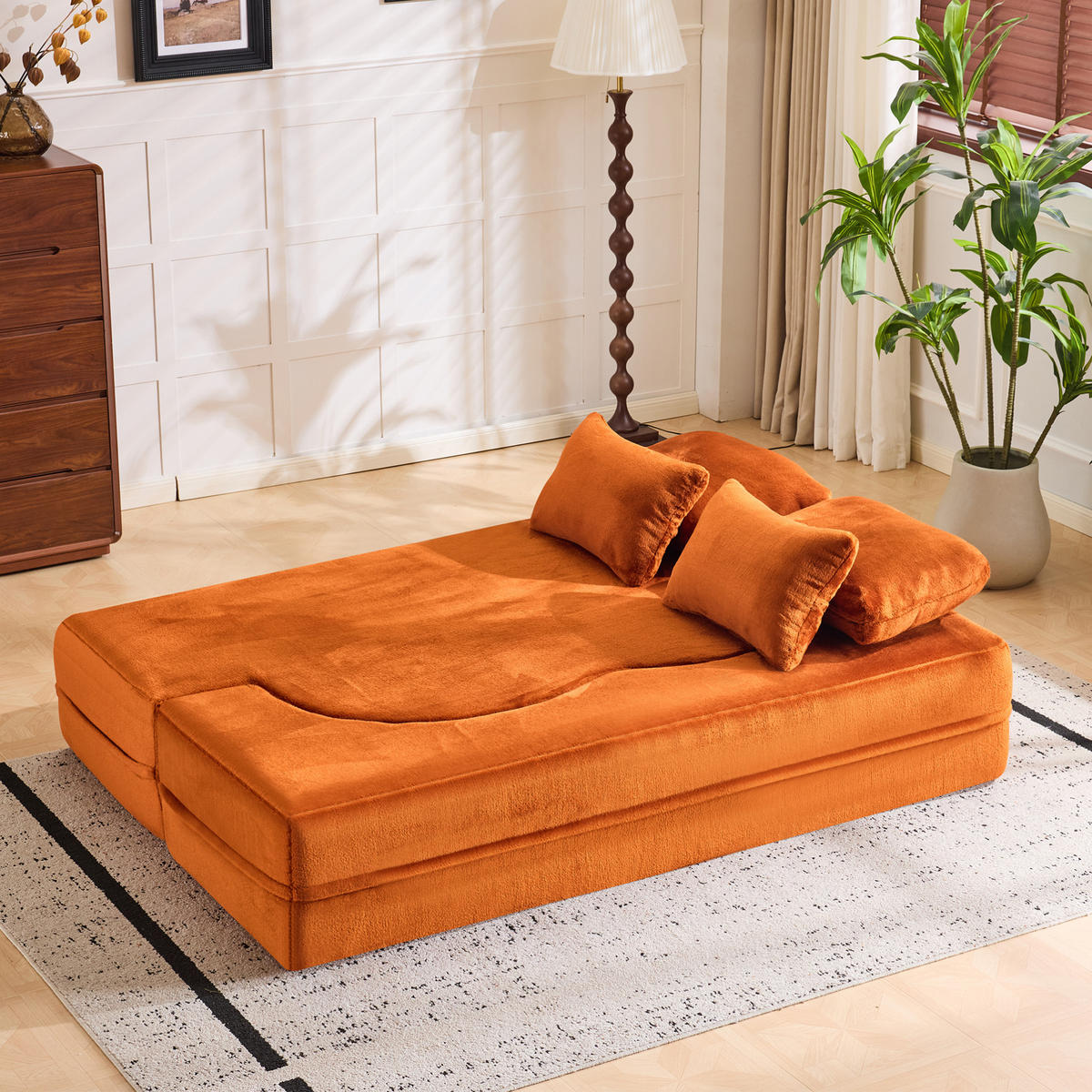 BODENSCHLAFSOFA klappbar mit hochdichtem Schaumstoff, 4 Kissen und vielseitiger Nutzung, Orange - Orange, Kunststoff (198/76/60cm) - Redom
